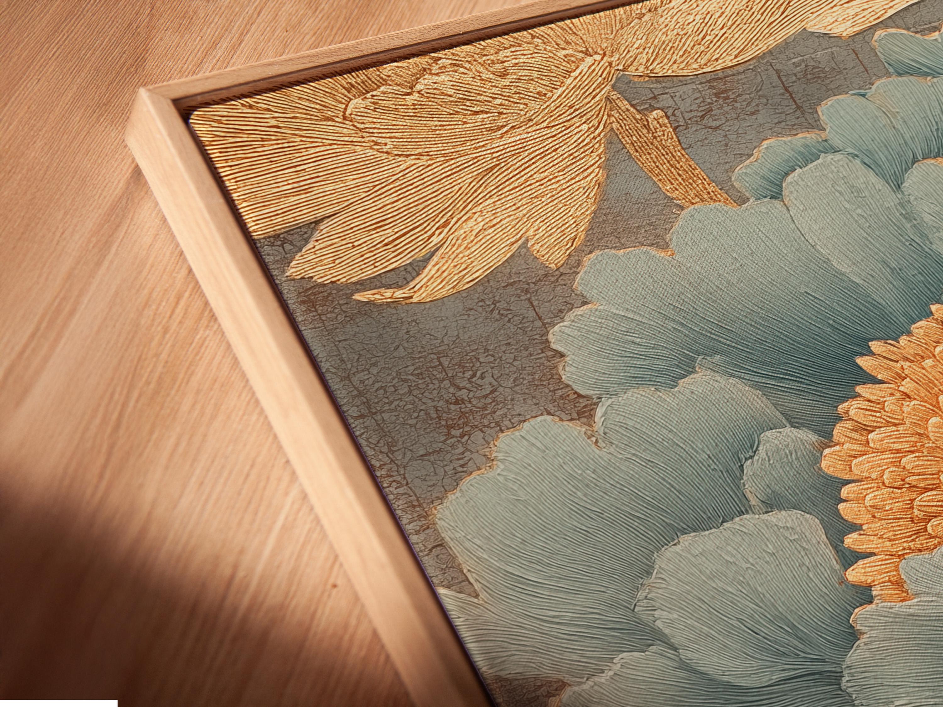 Teal peony with gold accents and green leaves on a textured grey background detail view