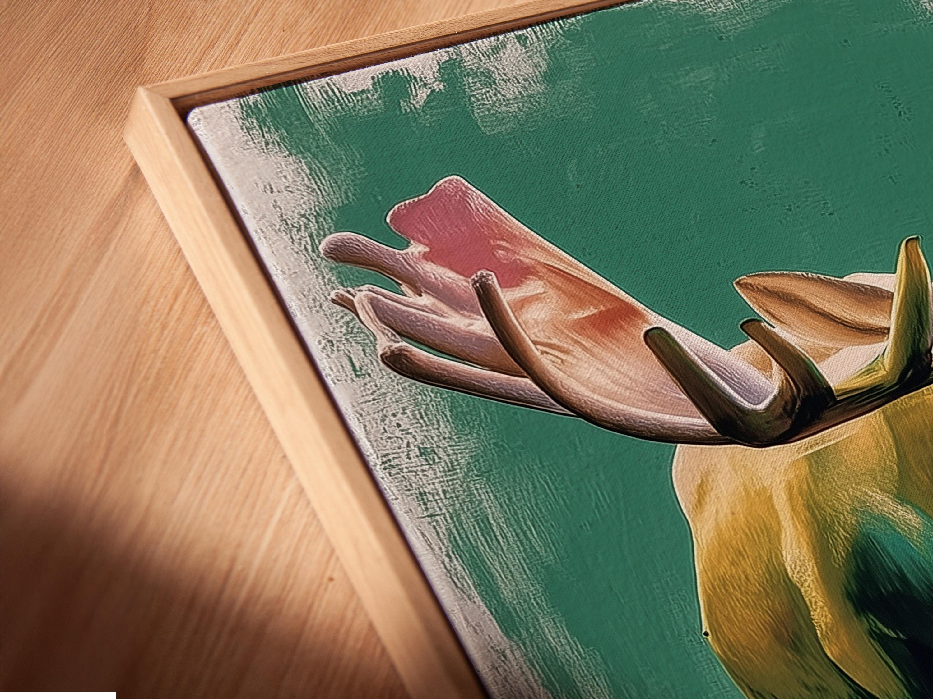 Stylised moose in side profile with large antlers on a textured teal-green background and warm orange shapes detail view