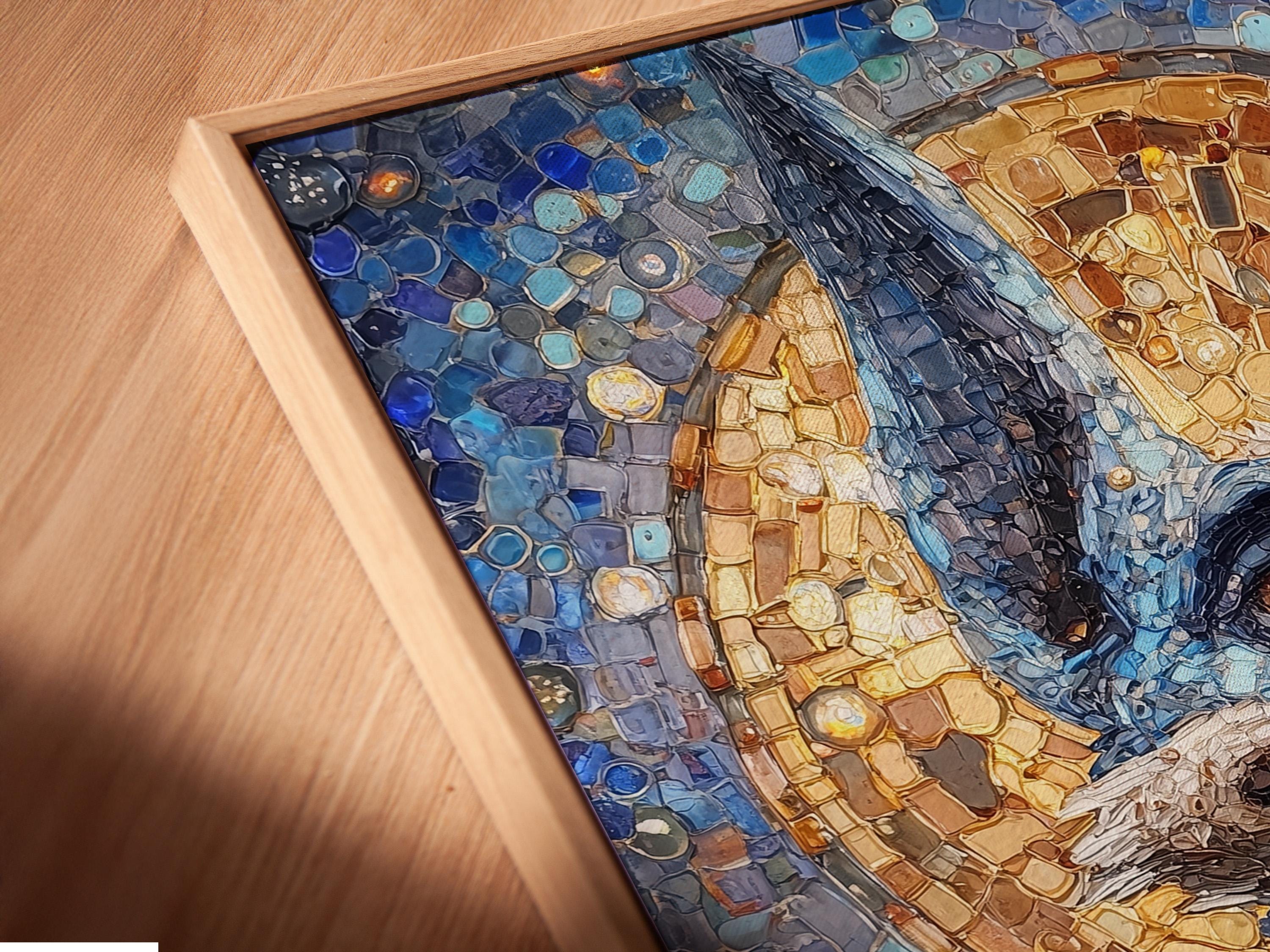 Blue and gold mosaic jackal figure with sparkling highlights detail view