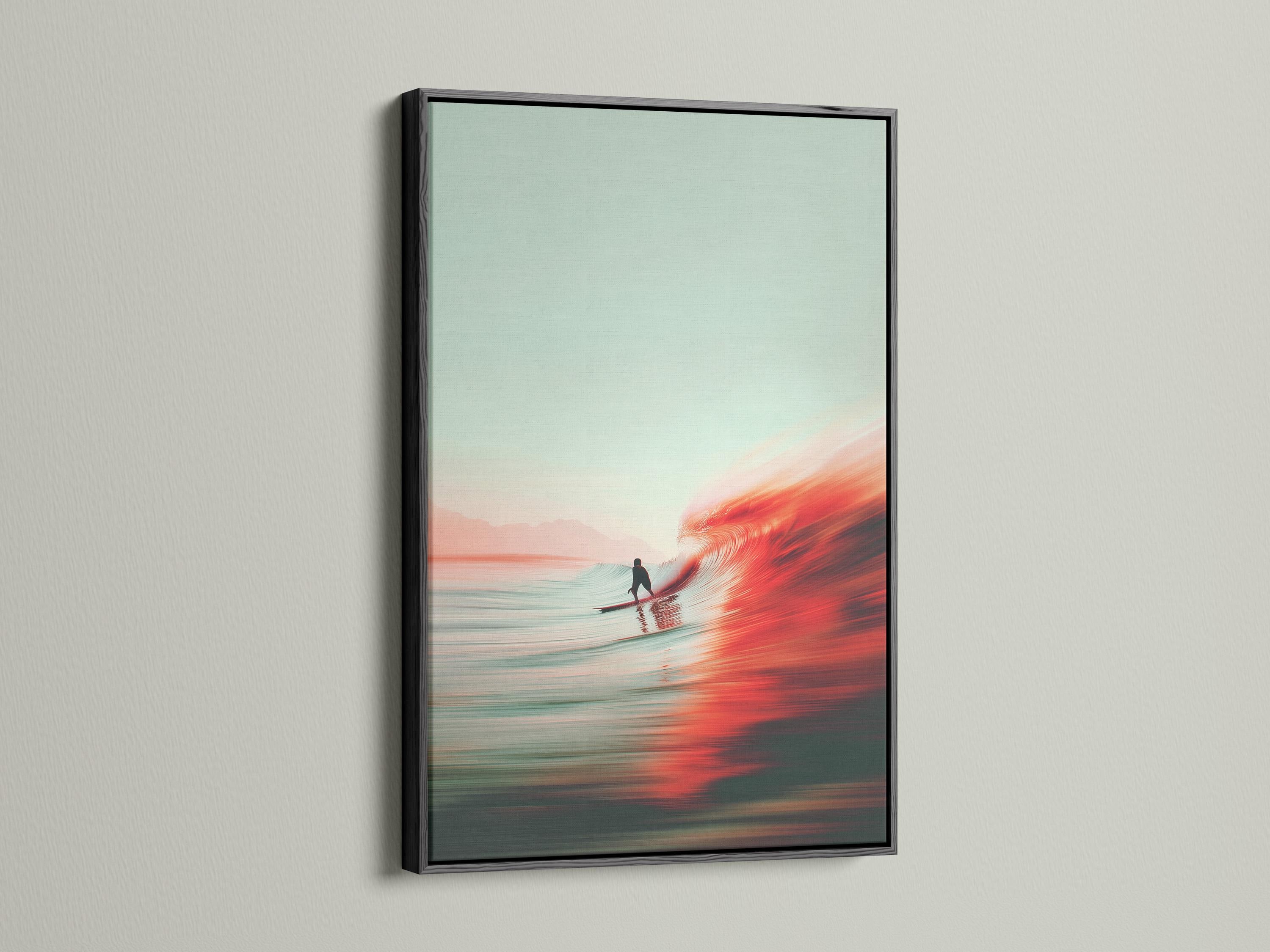 Seascape painting of a surfer riding a bright red wave at sunset over reflective ocean water detail view