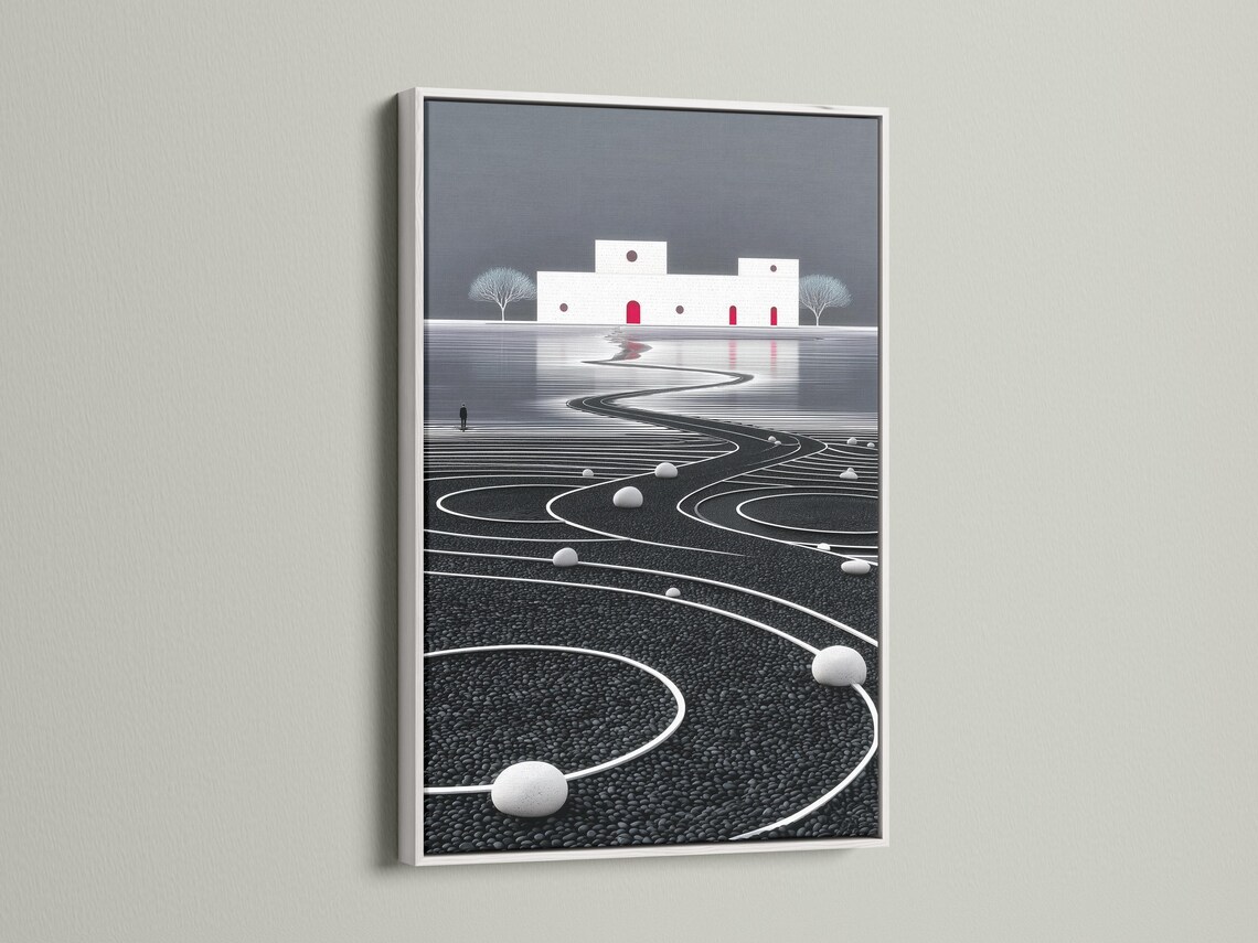 Minimalist zen landscape with a winding curved path across textured ground, grey sky, trees and red door accents detail view