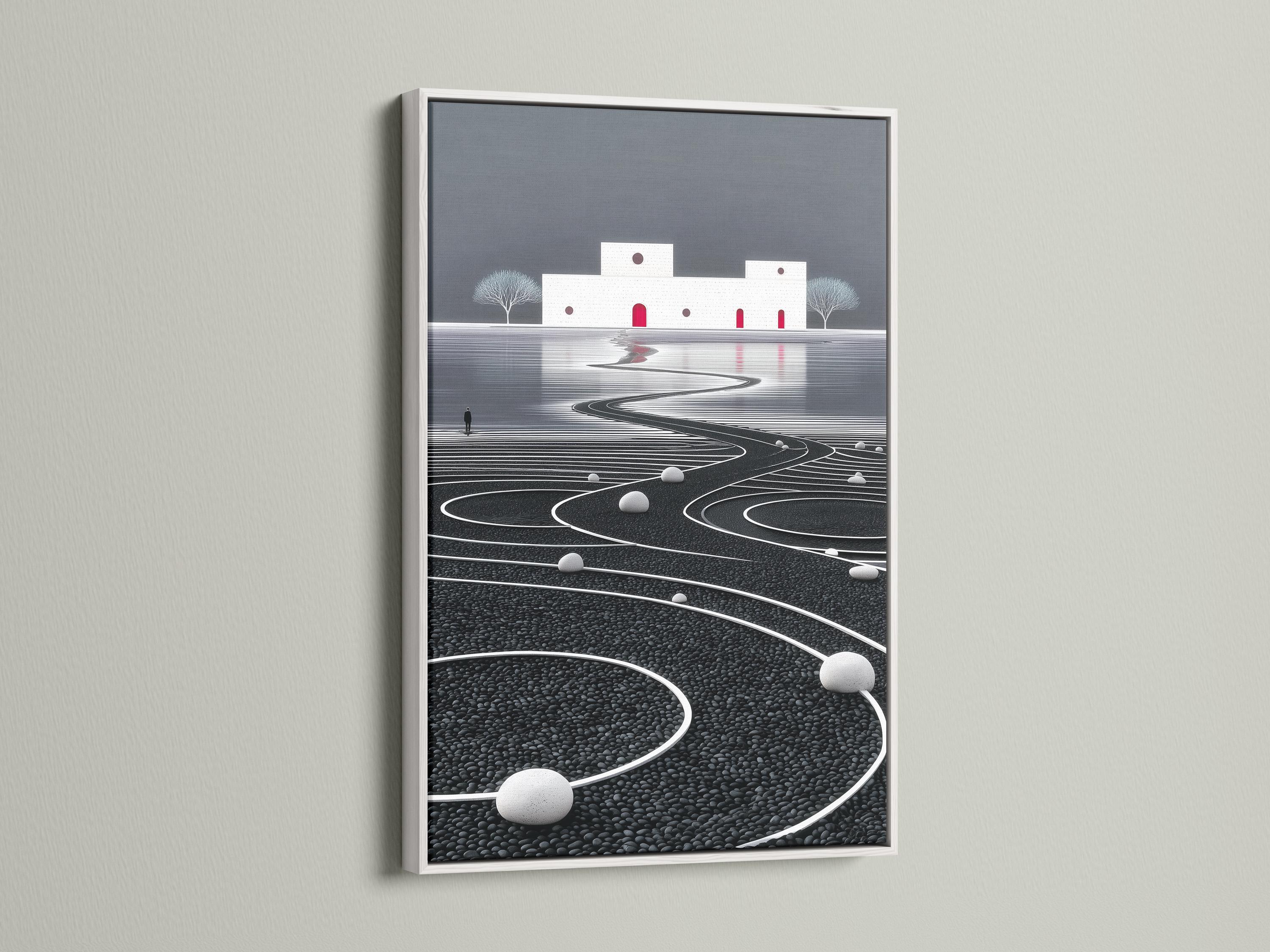 Minimalist zen landscape with a winding curved path across textured ground, grey sky, trees and red door accents detail view