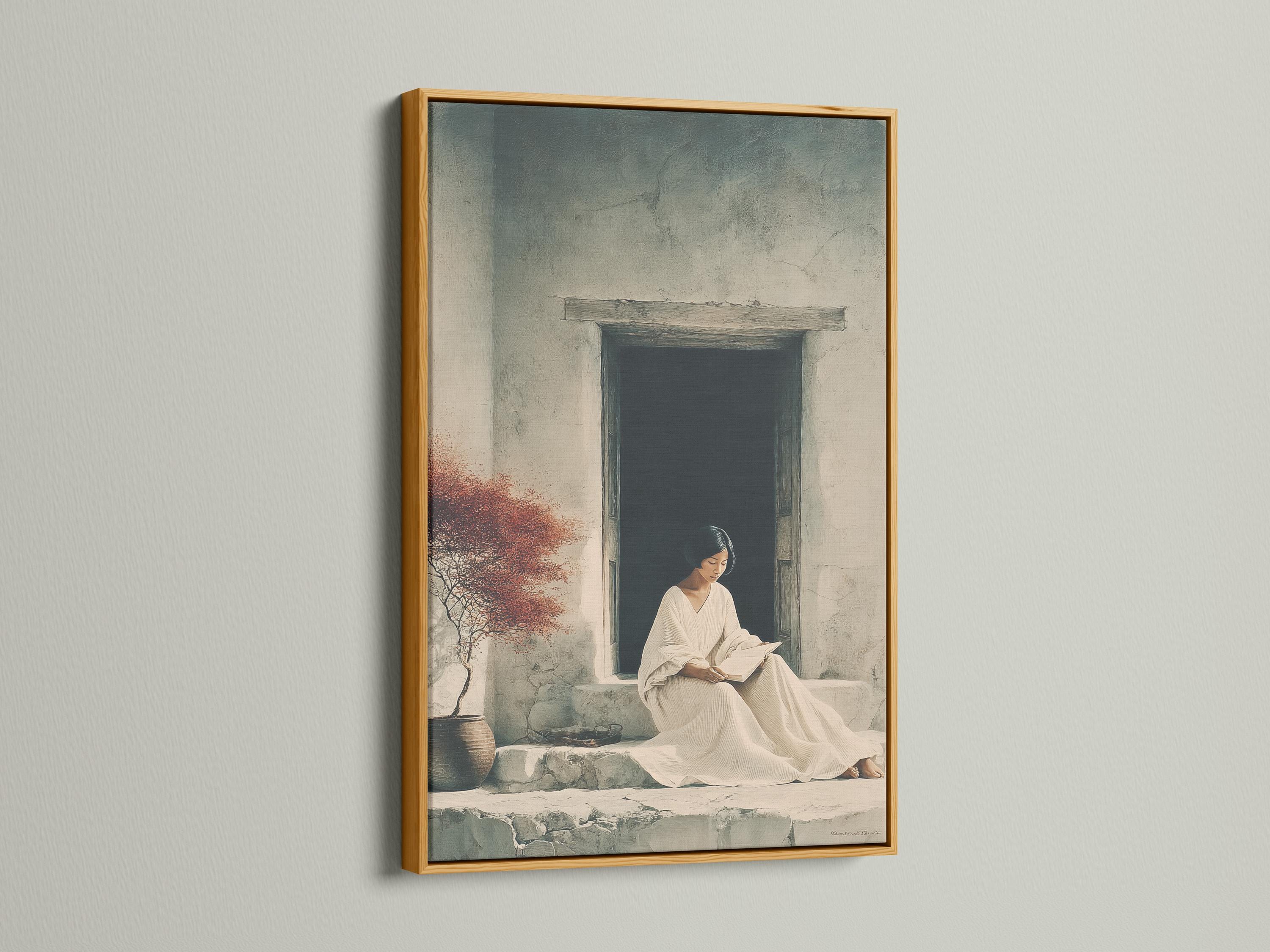 Seated woman reading a book in a stone doorway with a rust-red tree canopy detail view