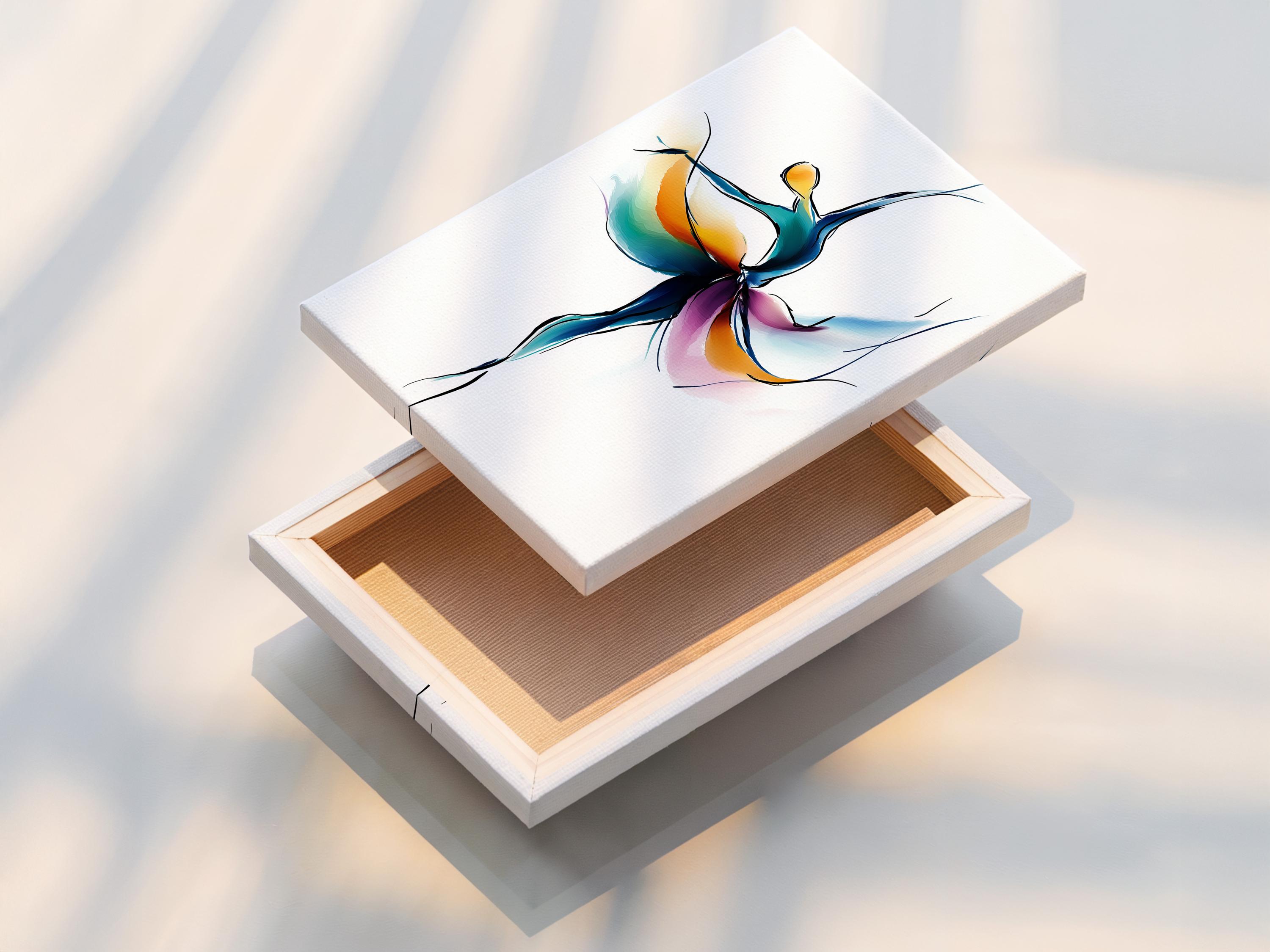 Woman stretching in a dance studio with a framed abstract dancer artwork on the wall