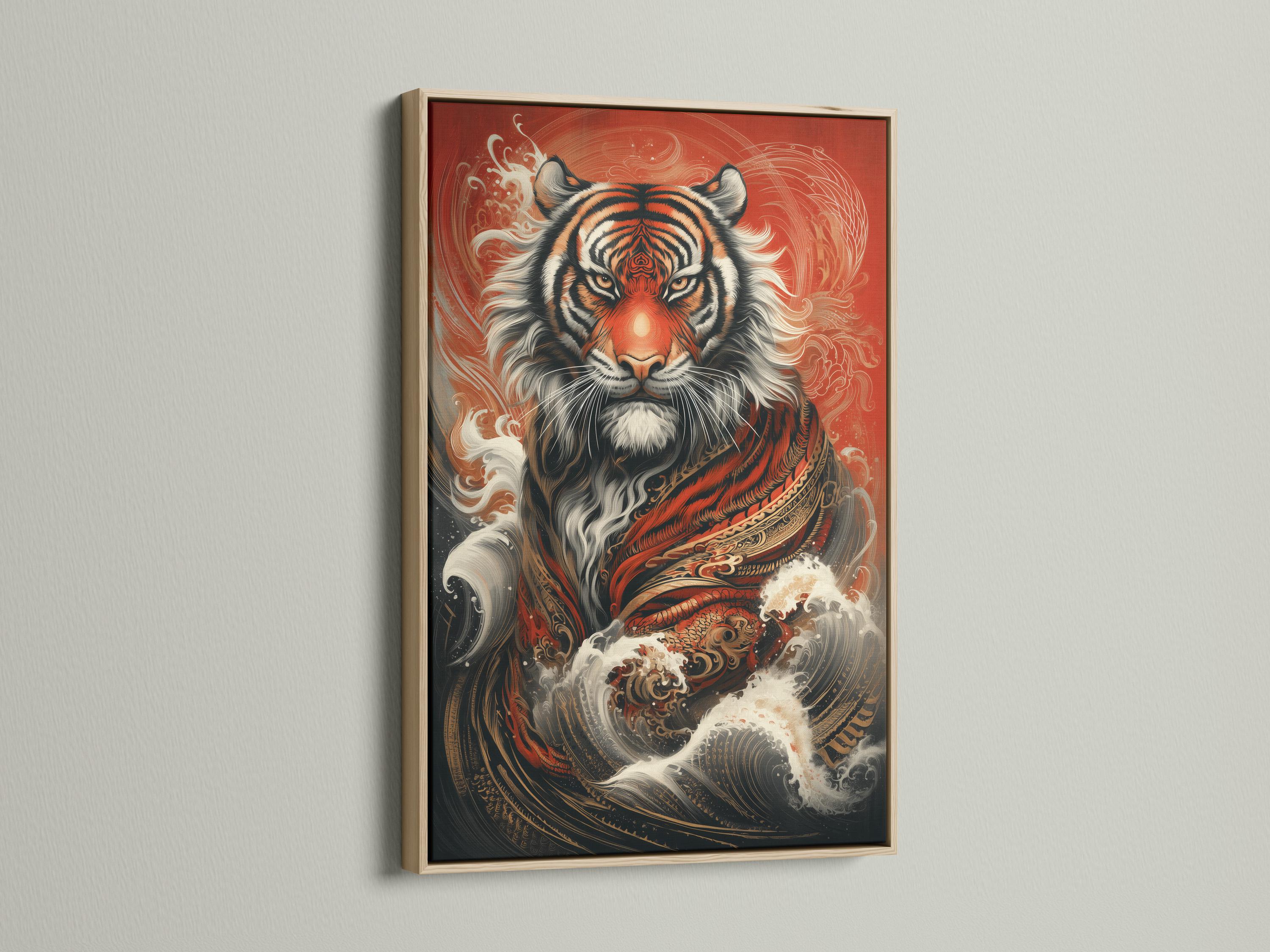 Tiger portrait artwork with red background, swirling wave designs, and gold and white highlights detail view