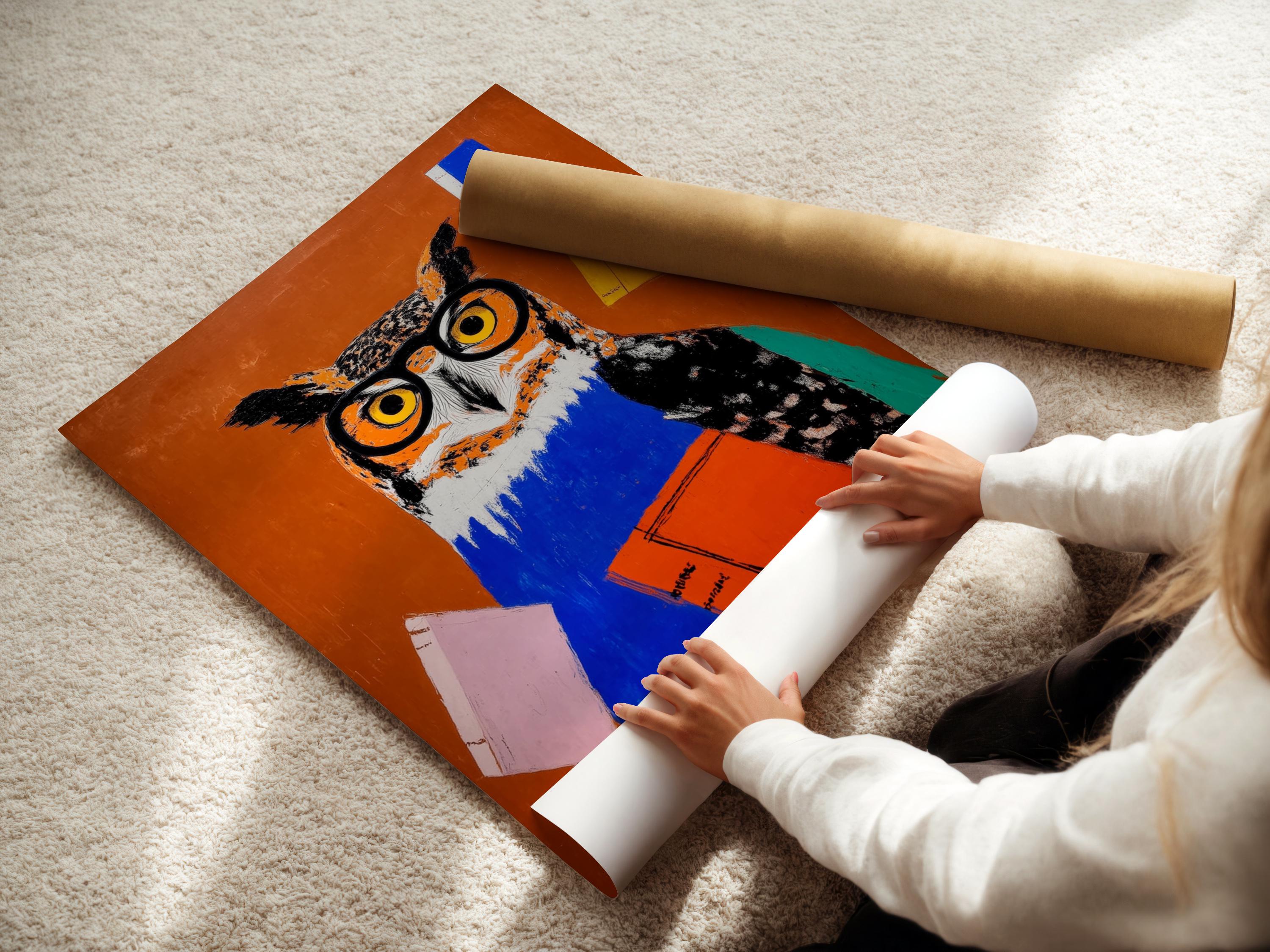 Stylised owl wearing large round glasses, holding colourful books on a warm orange background detail view