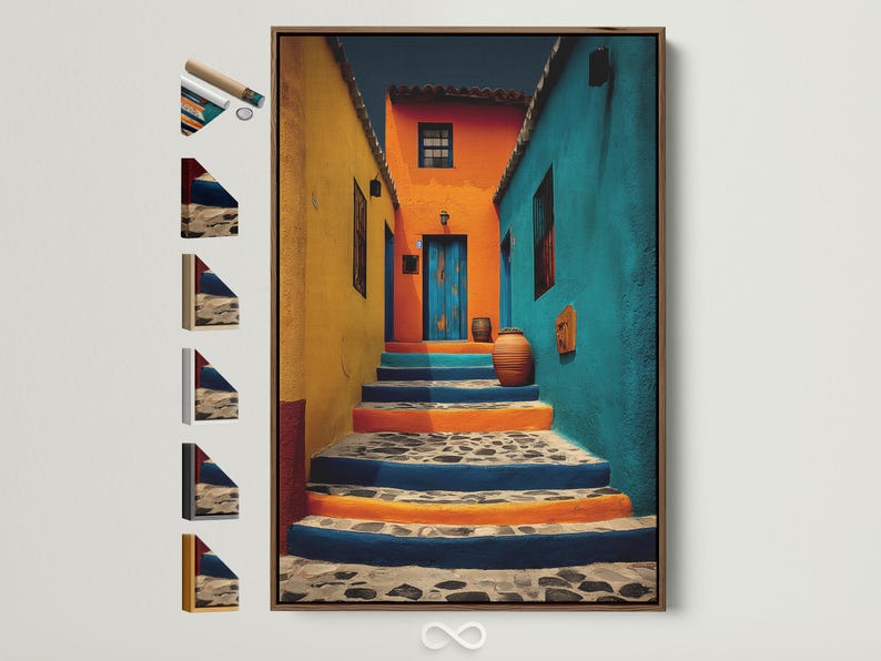 A colourful architectural courtyard scene shows sunlit steps, stucco walls and doorways in turquoise, orange and yellow tones