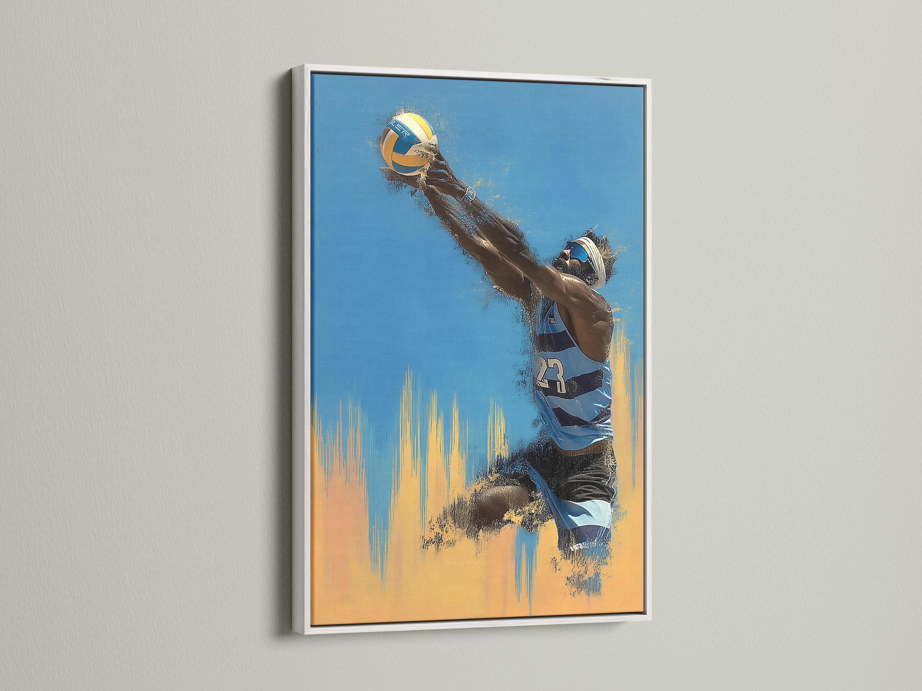 Volleyball player artwork in a dynamic pose with blue and sandy yellow paint splashes detail view