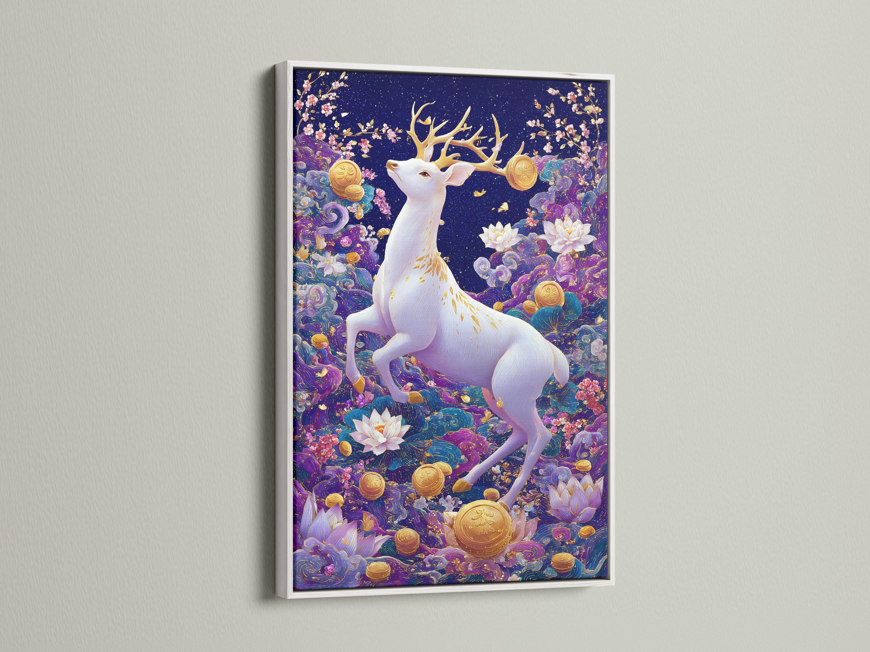 White deer with branching antlers in a navy and purple fantasy scene with lotus flowers and gold coins detail view