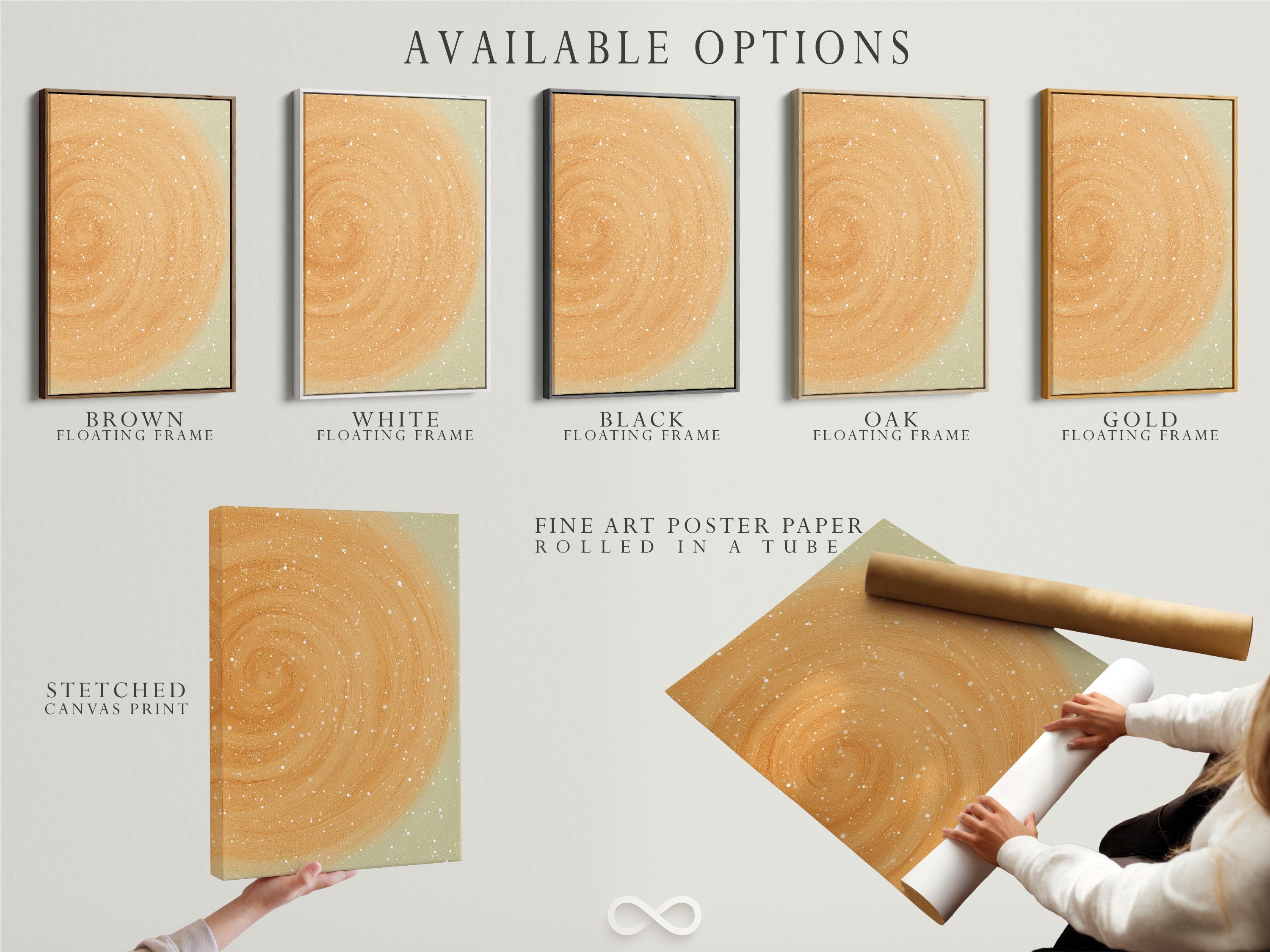 Beige abstract circular swirl with white speckles on a soft neutral background detail view