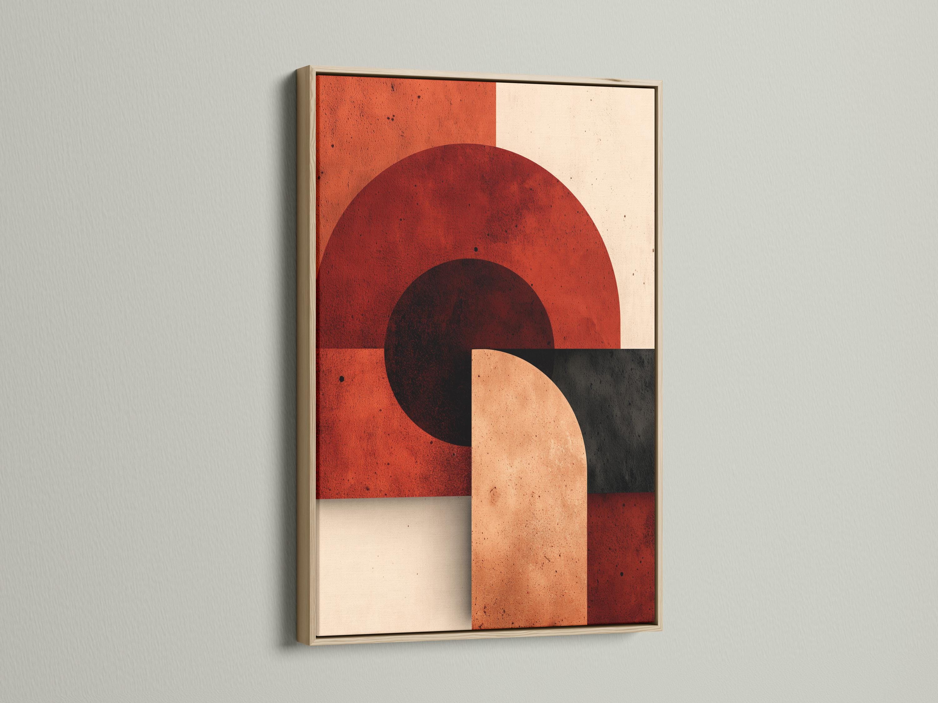 Abstract geometric artwork in a framed setup with rust red, beige and charcoal circles