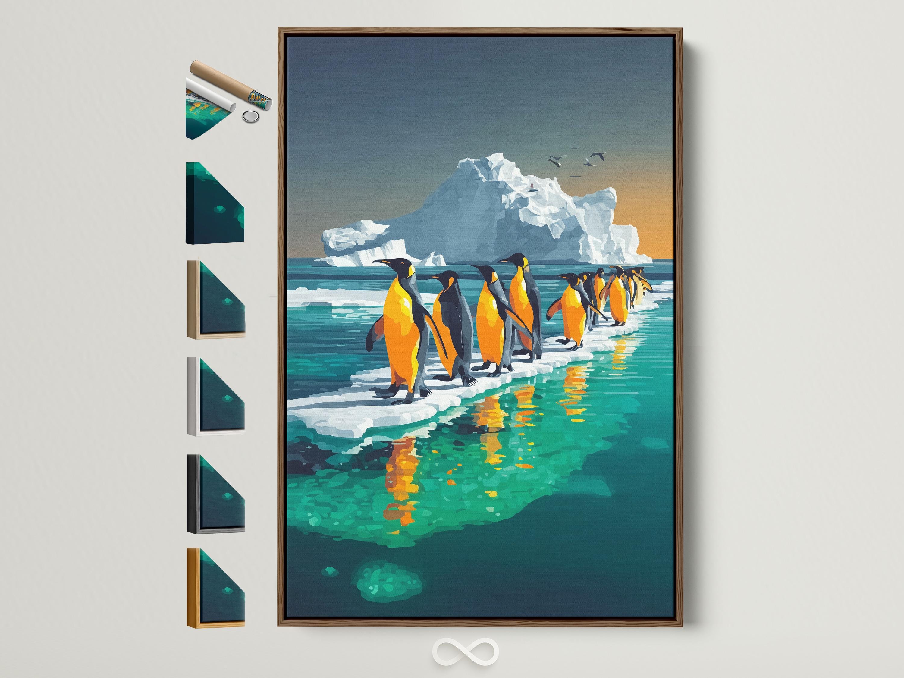 A person holding a camera stands near a framed penguin artwork in a light room