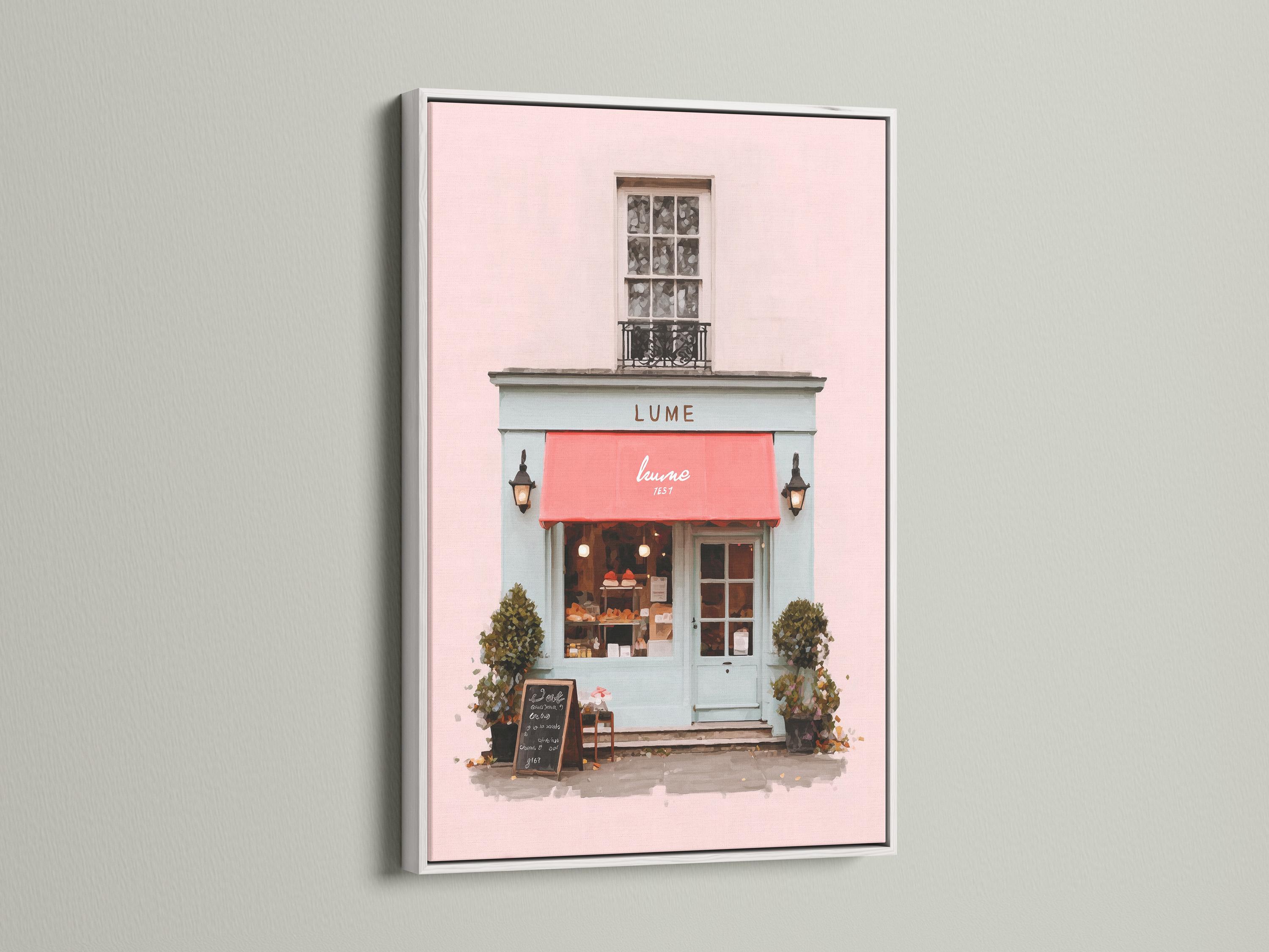 Pastel pink café front illustration with a red awning, lanterns, window and green shrubs detail view