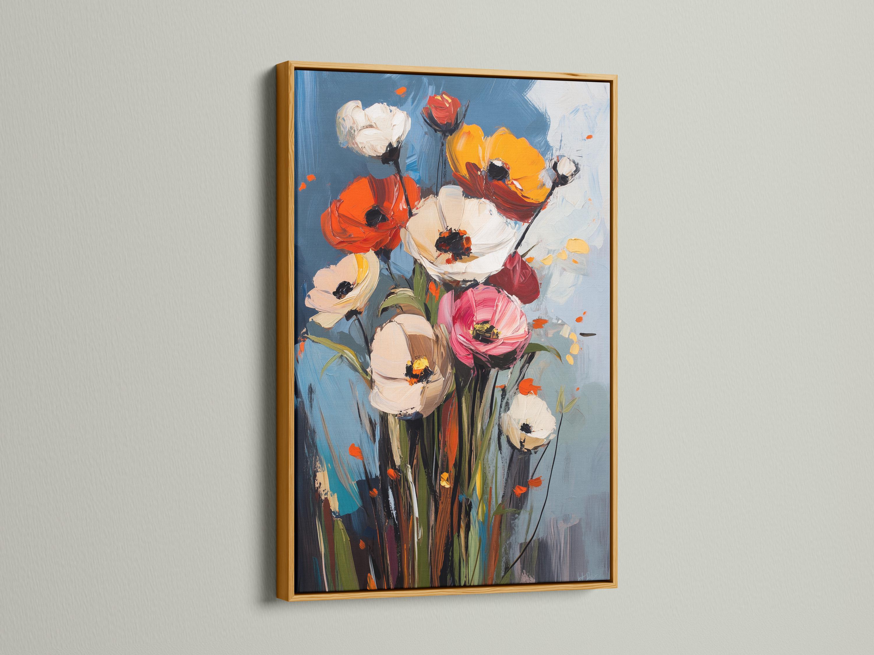 Room mockup showing framed floral artwork with poppy-like blooms and a blue background