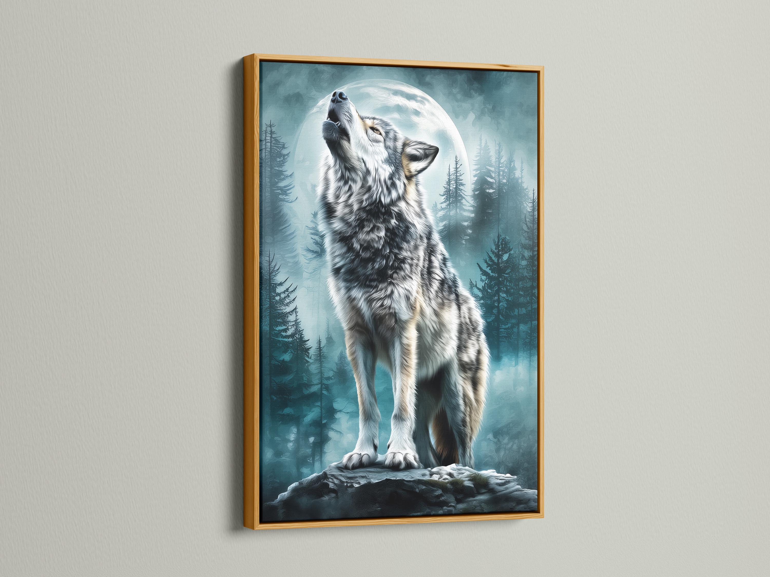 Wolf artwork mockup on a wall with teal forest and moon scene