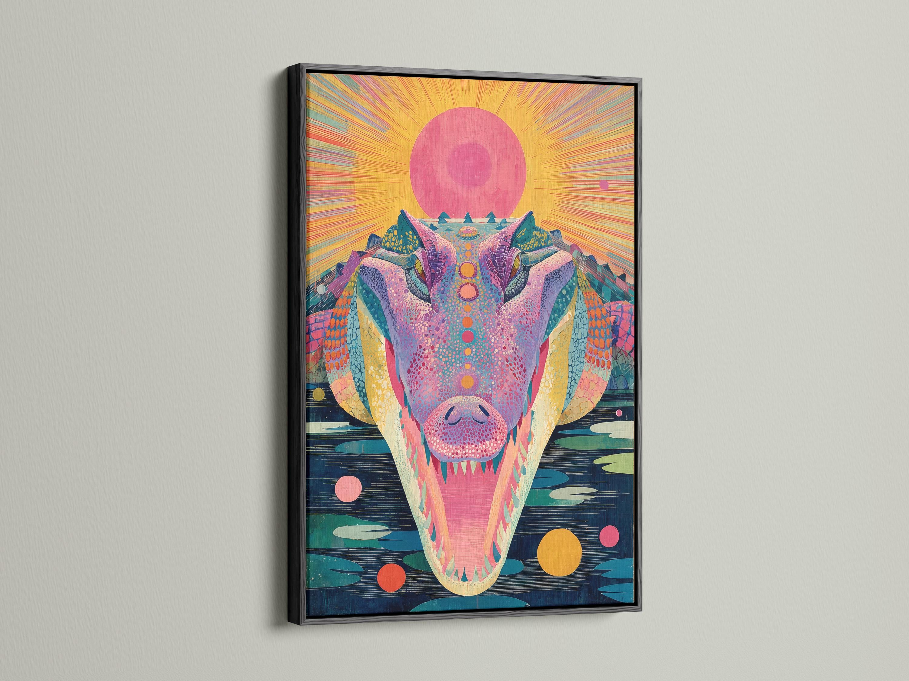 Stylised alligator portrait with a large pink sunburst, bright pink and teal scales, and dark blue water strokes detail view