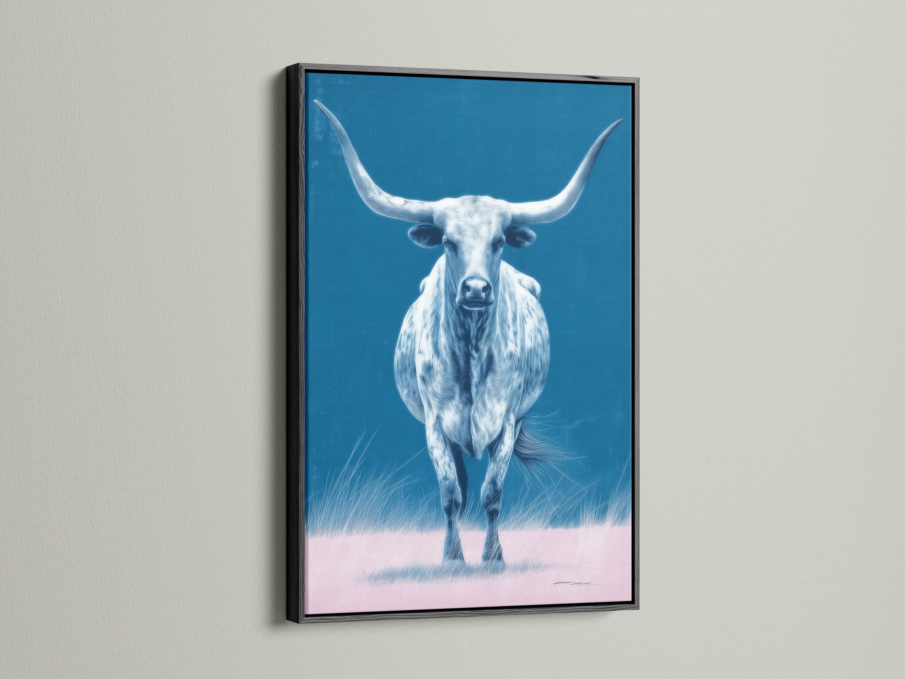 A blue-toned longhorn bull portrait with sweeping horns and a calm, painterly look, set against a bright sky-blue background and pale grass