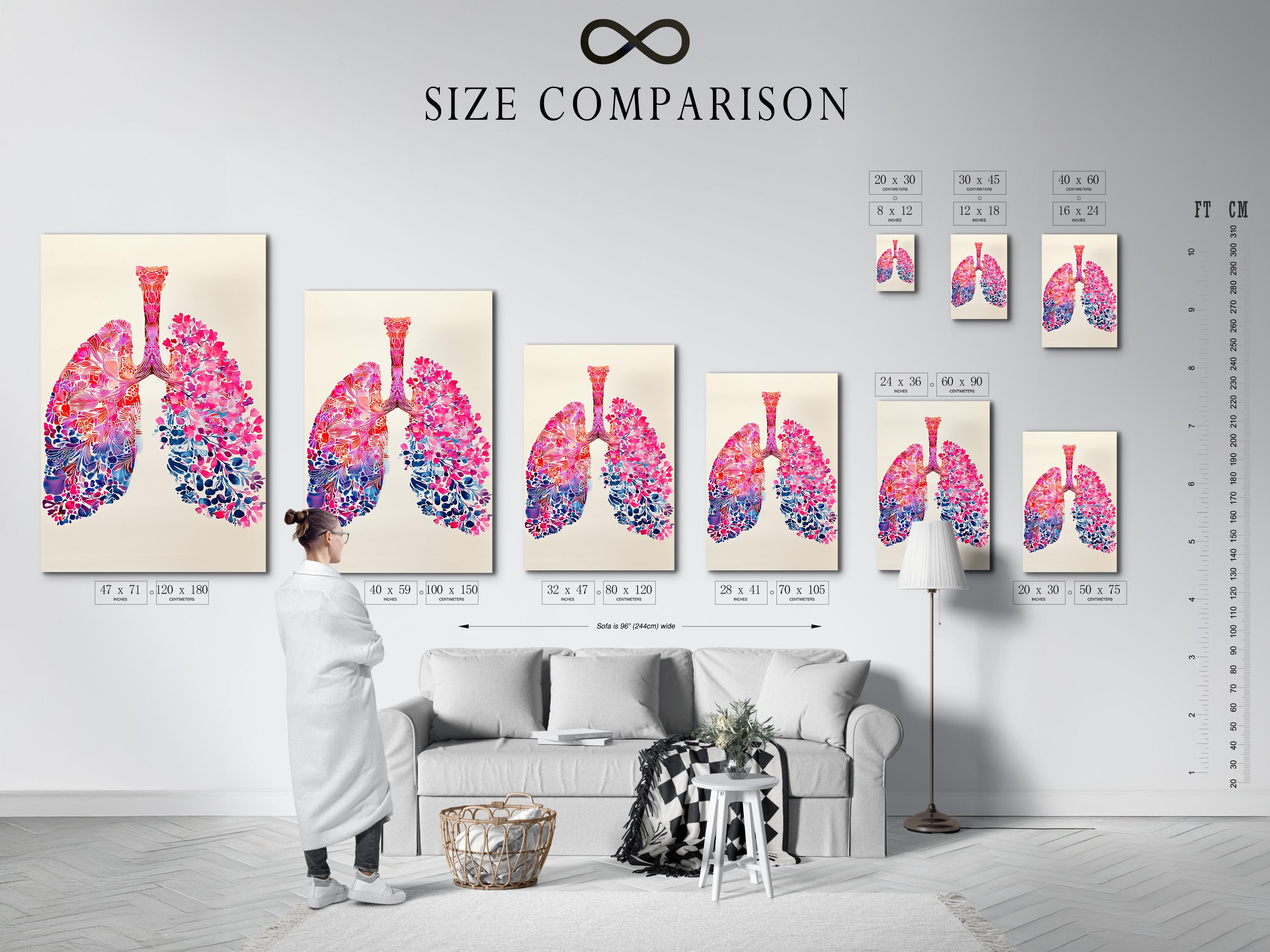 Room mockup showing a framed floral lungs artwork with pink and blue anatomy details