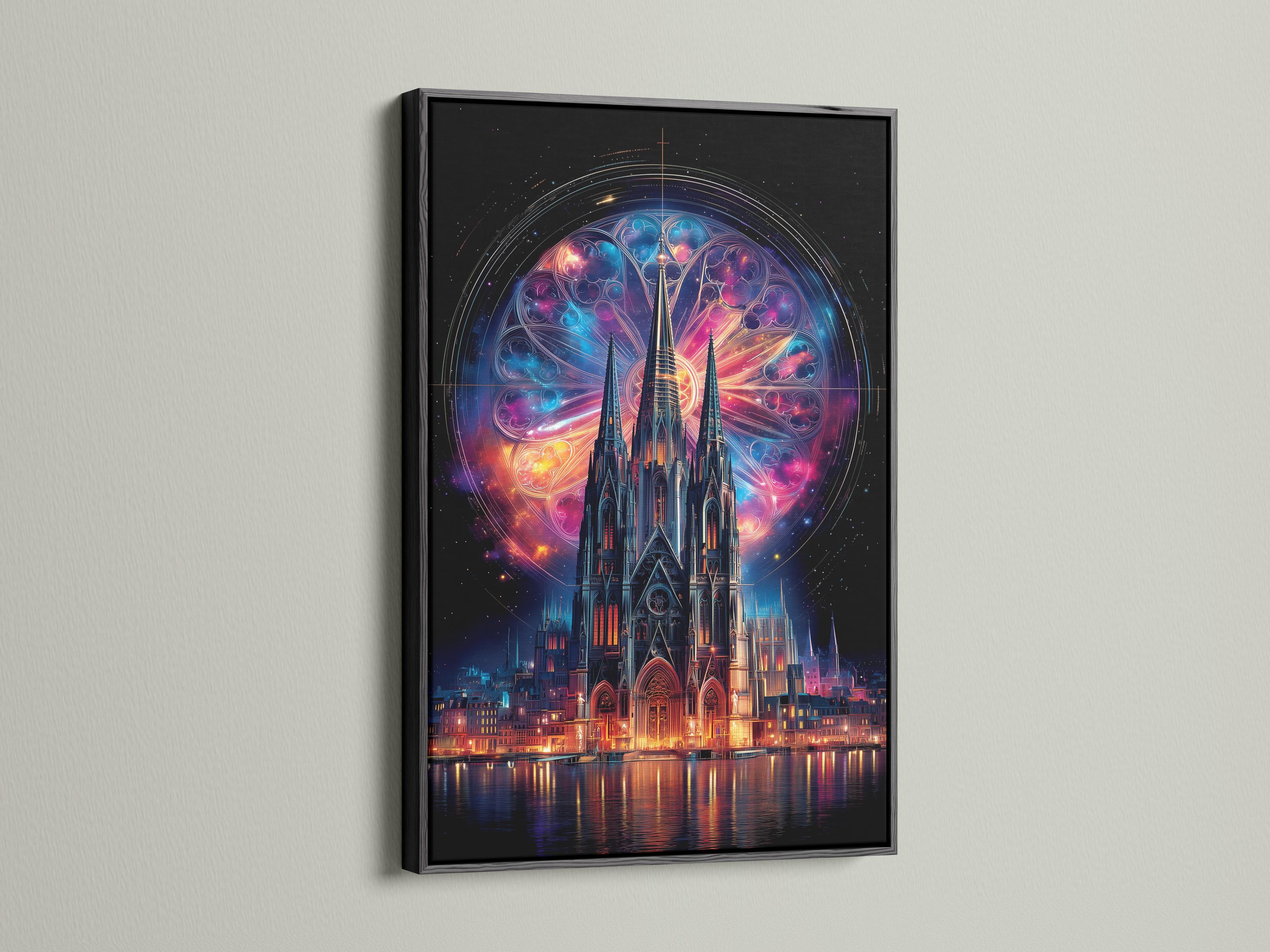 A glowing cosmic halo and gothic cathedral with neon-coloured windows over dark water detail view