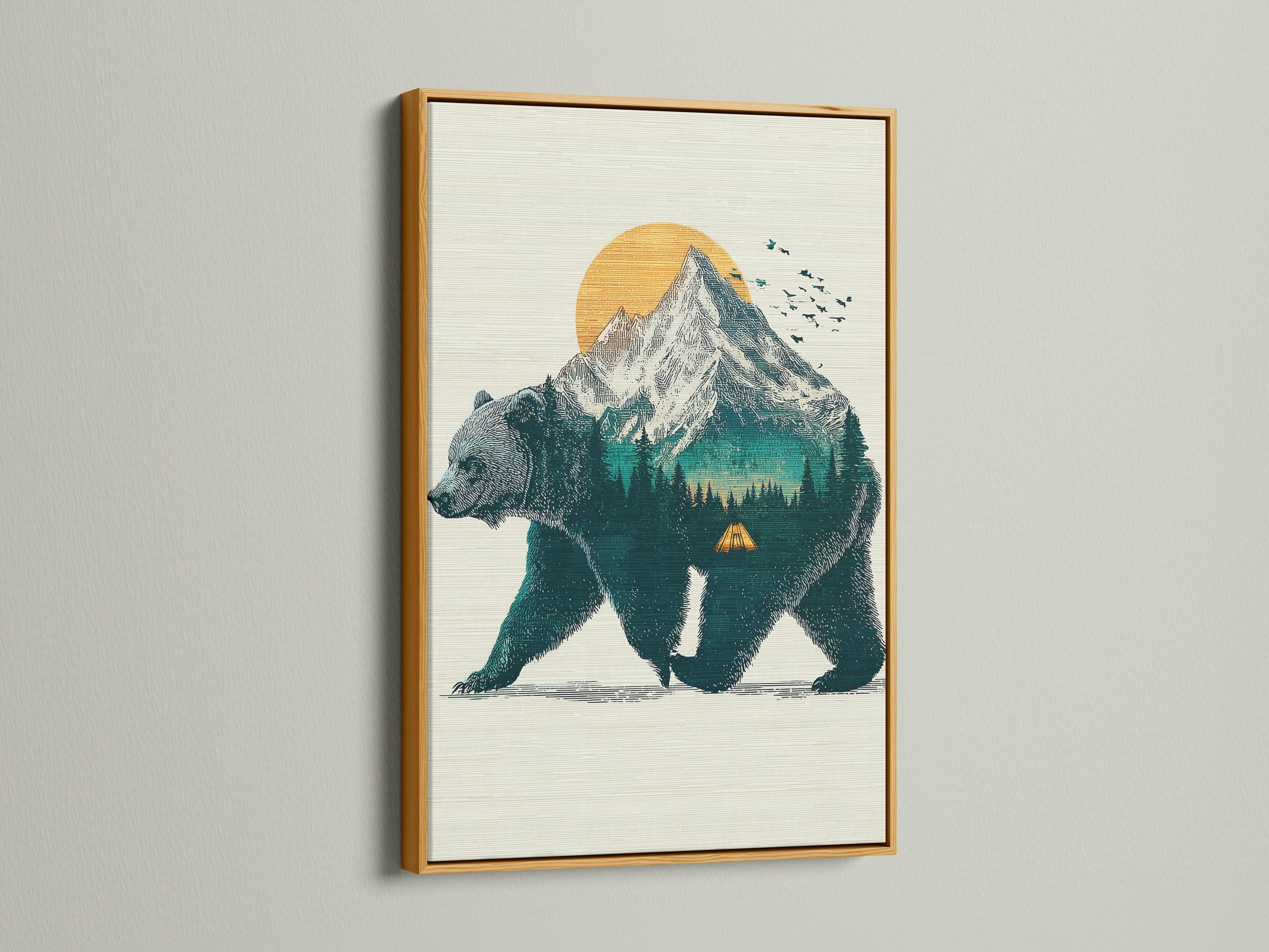 Illustration of a teal bear walking with a mountain and orange sun in the background detail view