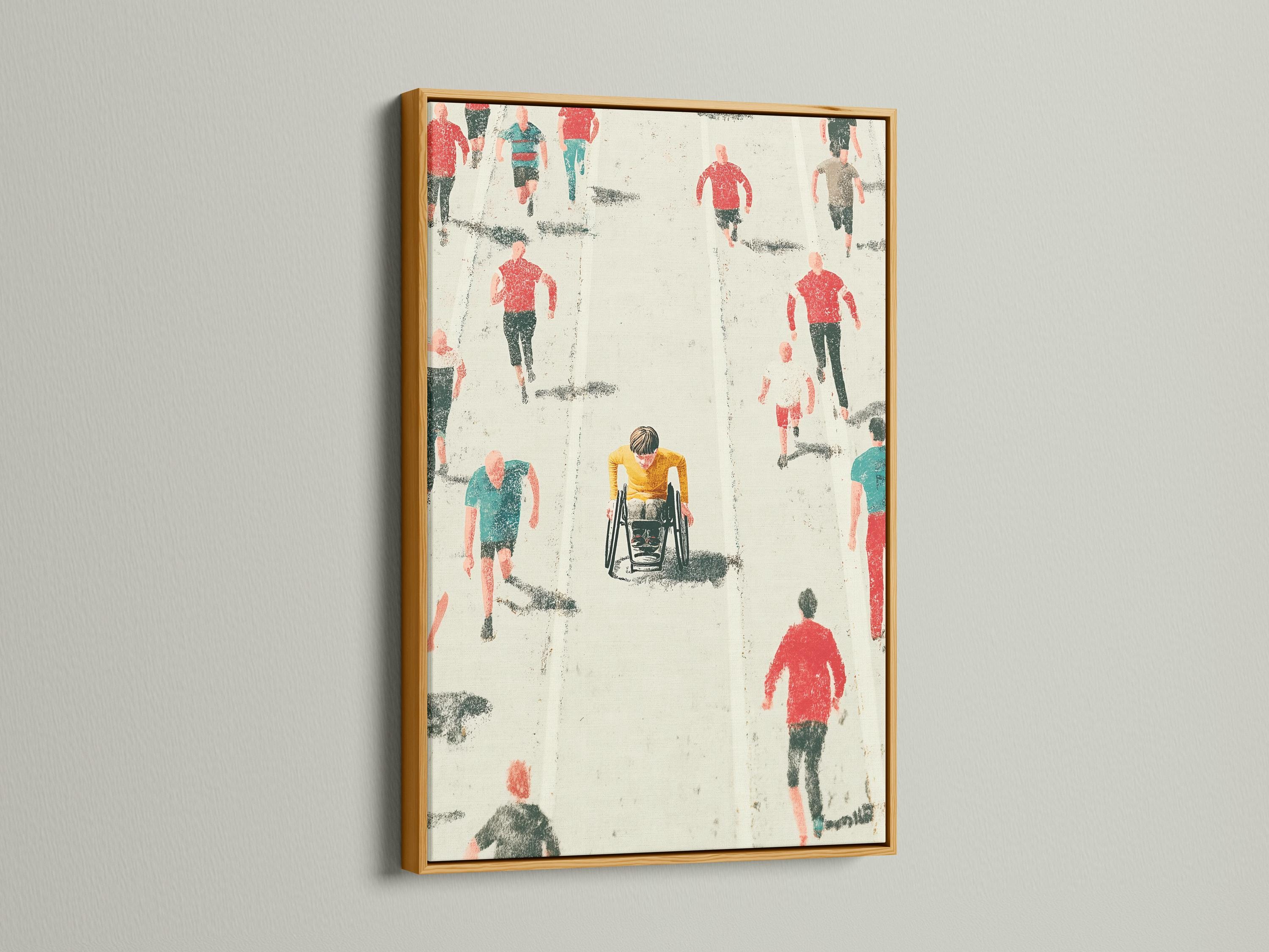 Wheelchair racer and runners in red and teal on a speckled off-white background detail view