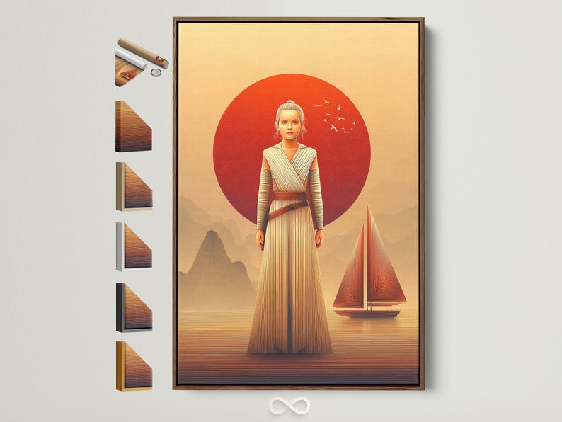 Stylised female sci‑fi figure in striped robe beneath a large red sun over a desert landscape
