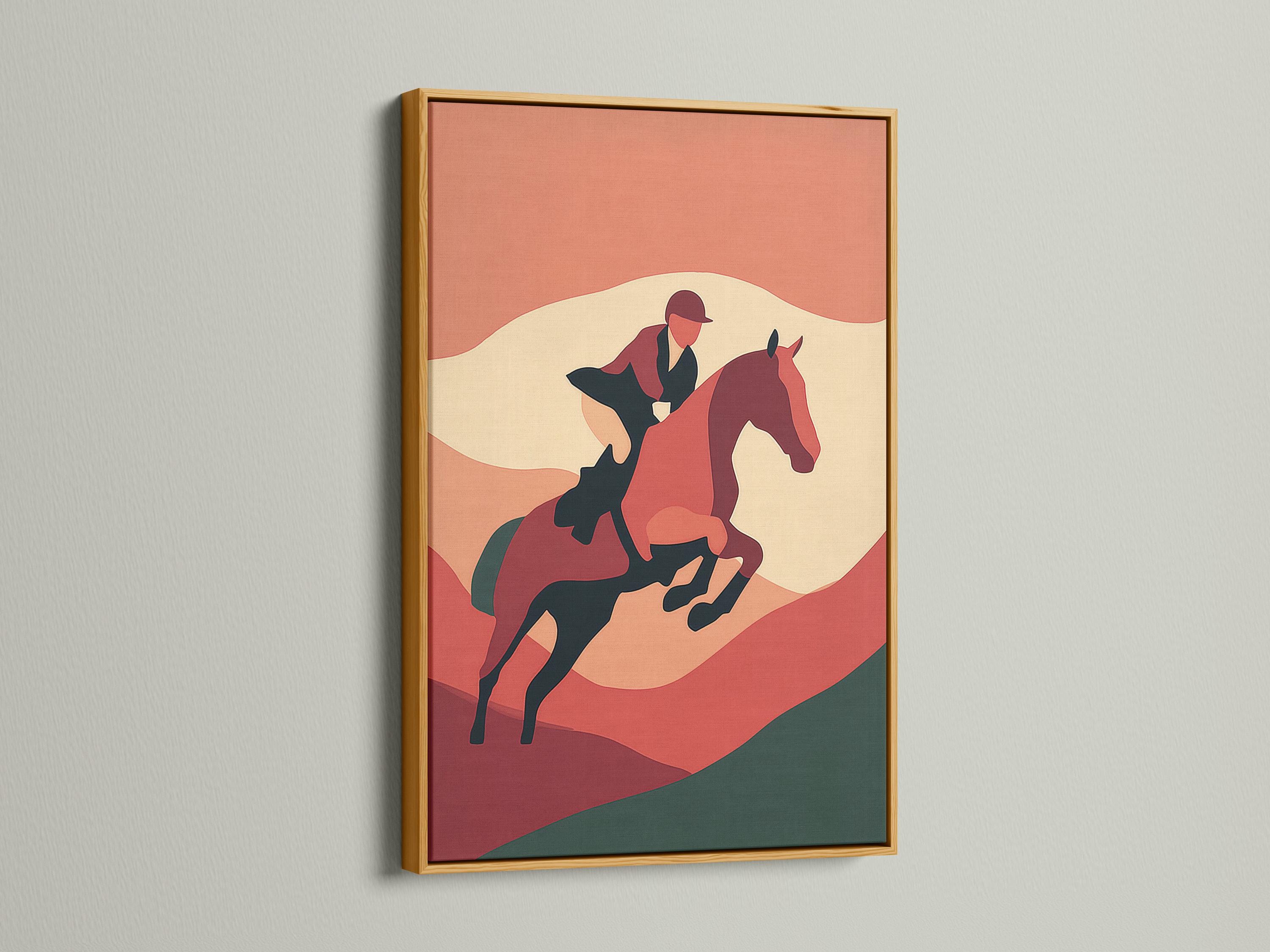 Room mockup showing framed horse and rider artwork in terracotta tones