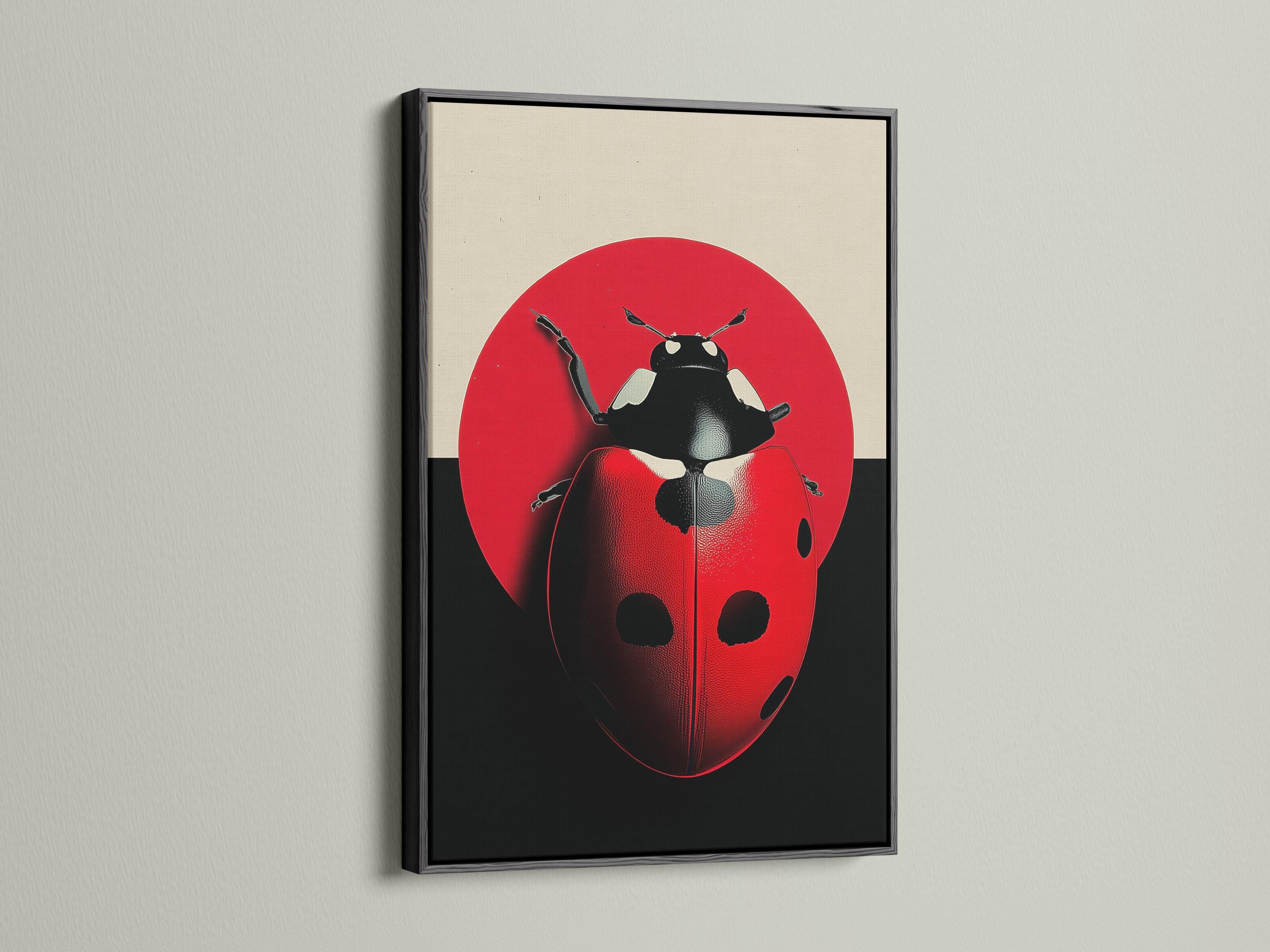 Room mockup showing a framed ladybug artwork on a light wall
