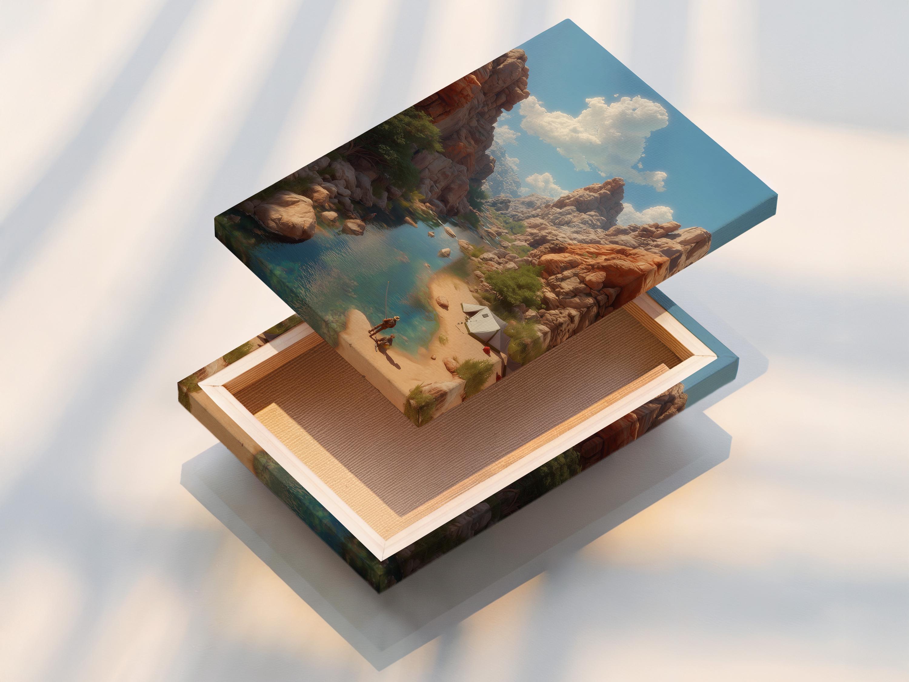 A framed desert canyon river landscape displayed with smaller preview images around it