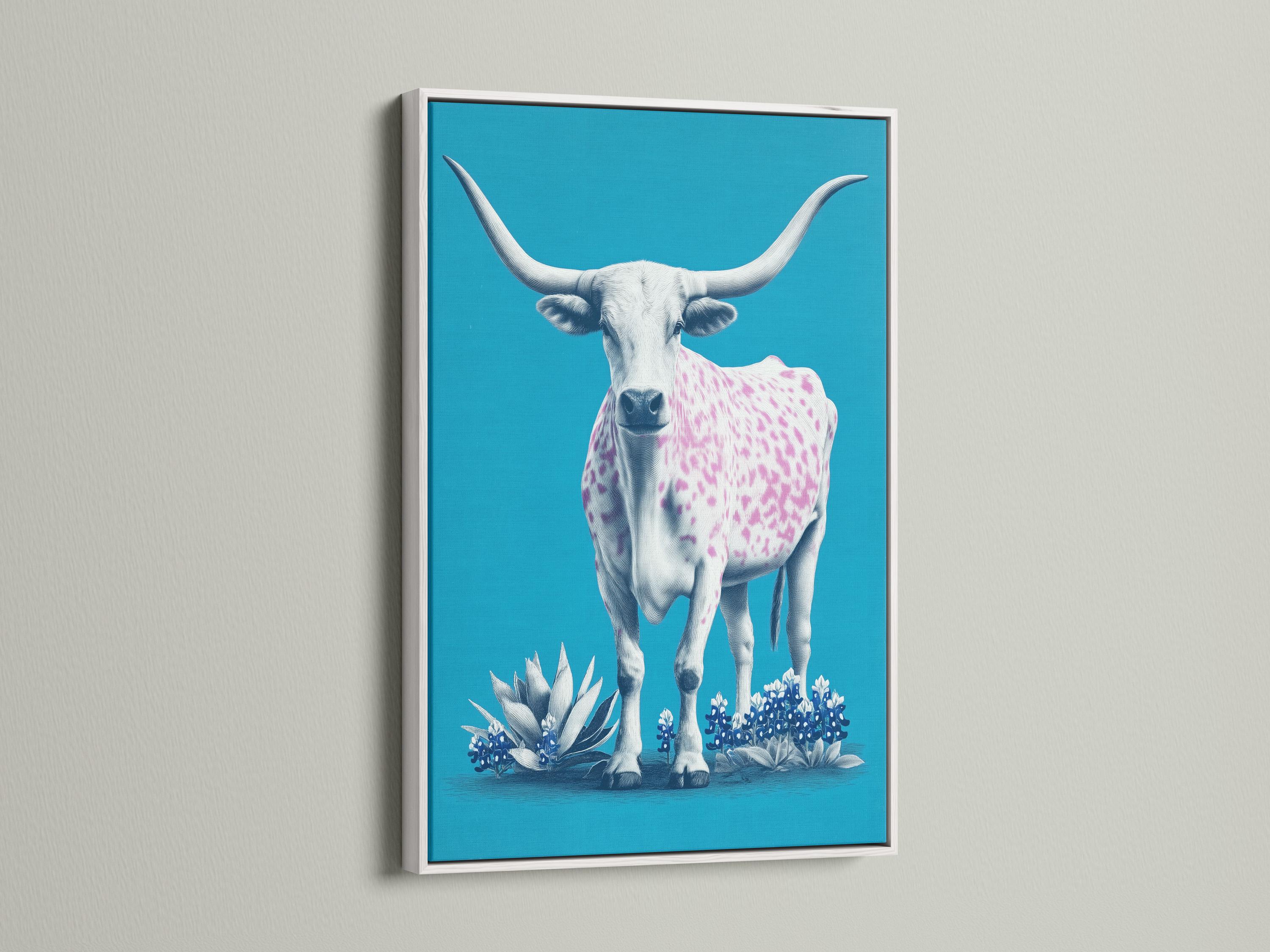 Illustration of a white longhorn cow with pink spots and blue flowers on a turquoise background detail view