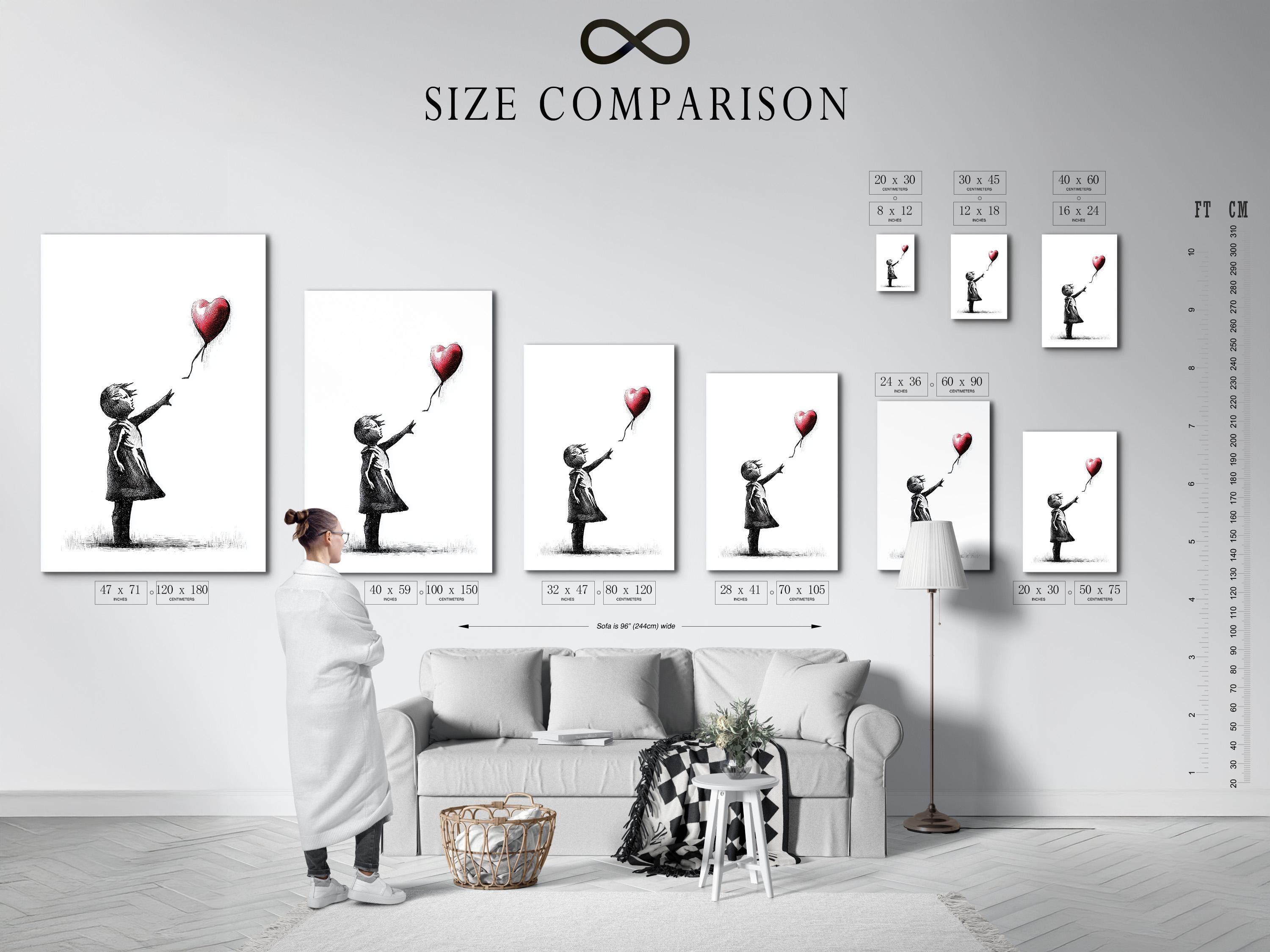 Room mockup showing a framed black and white girl sketch with a red heart balloon