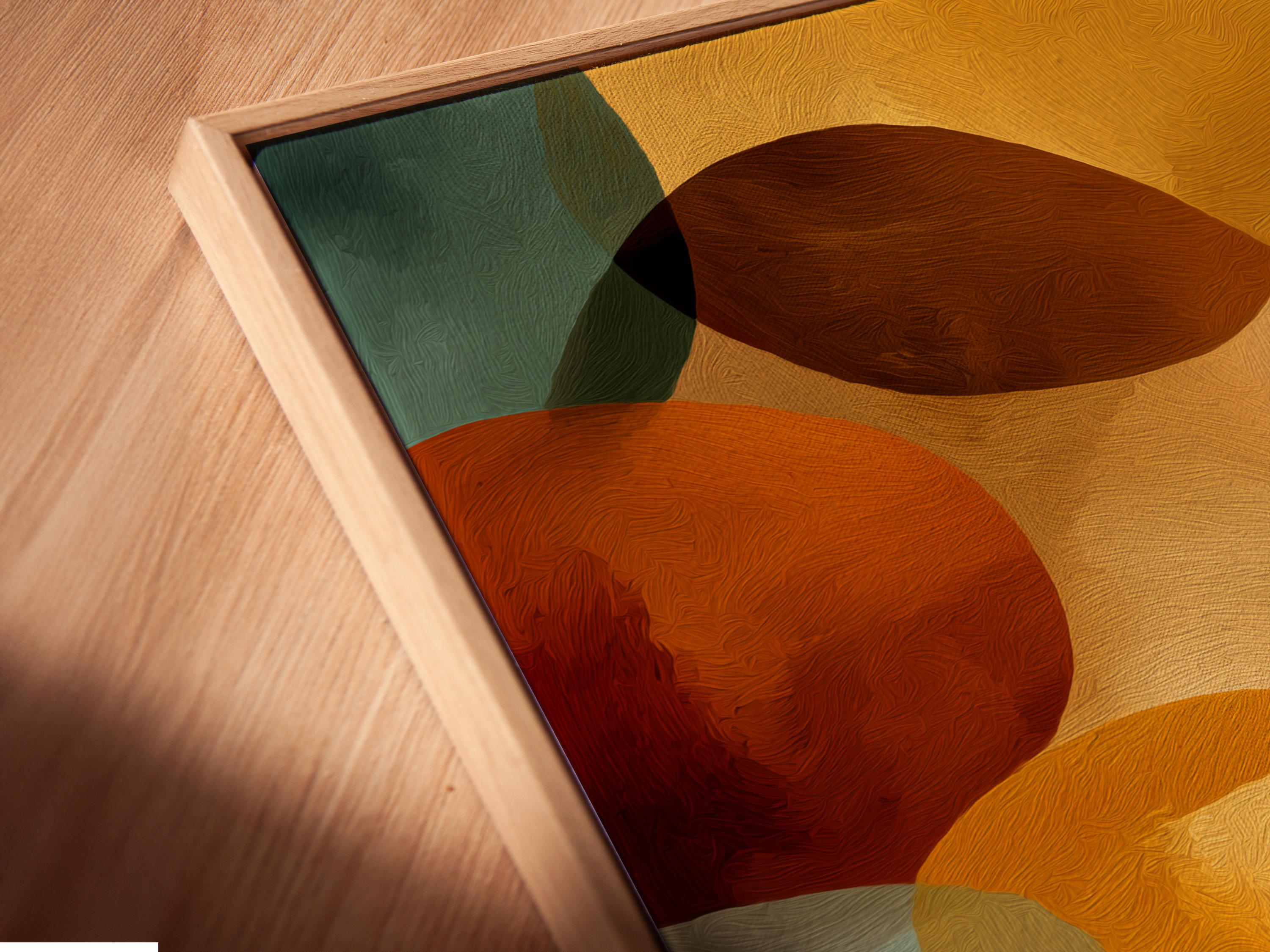 Abstract geometric wall art with overlapping rounded shapes in teal, burnt orange, cream and deep red detail view