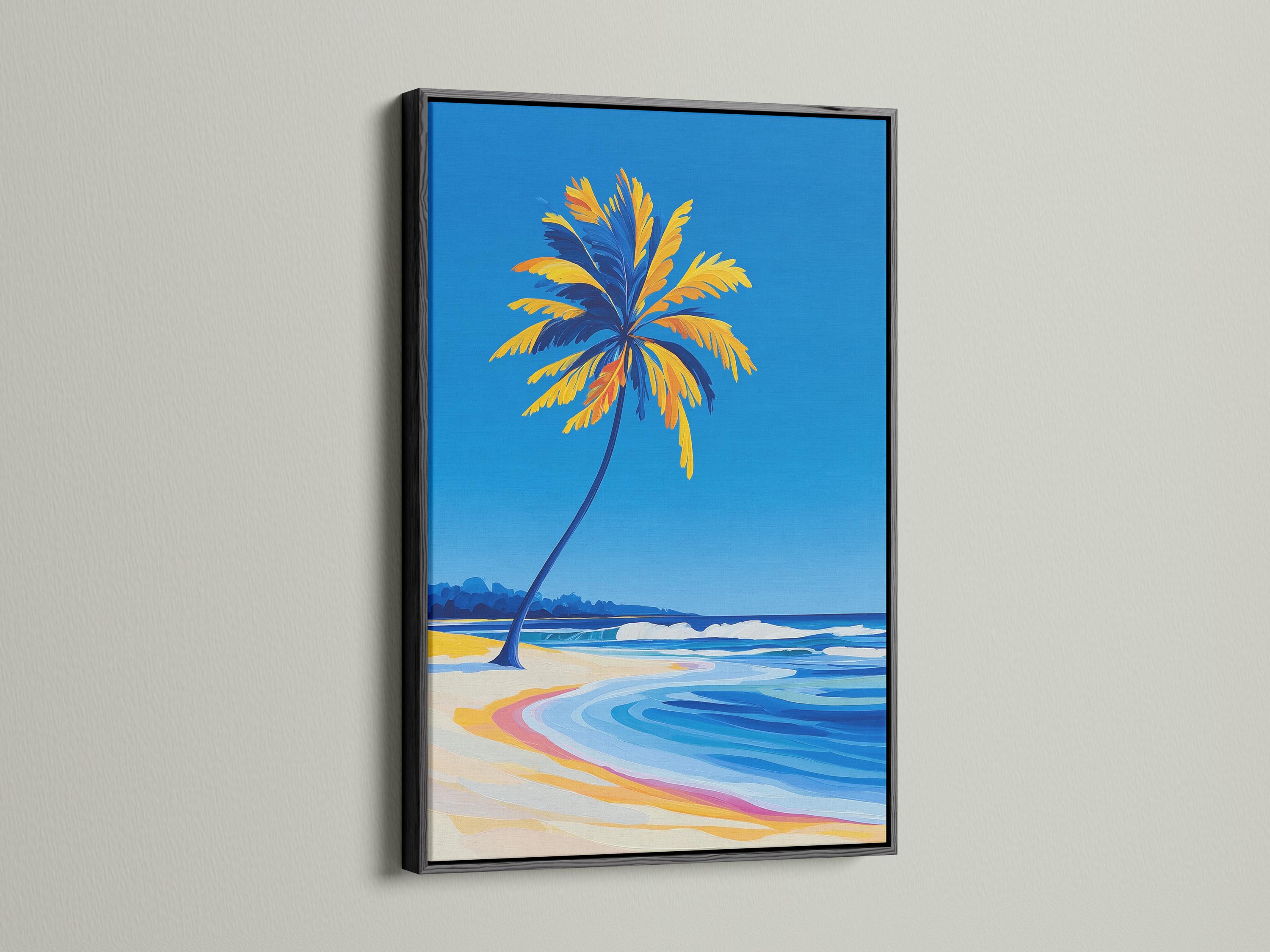 Room mockup showing a framed tropical beach seascape with palm tree, ocean waves and sandy shore