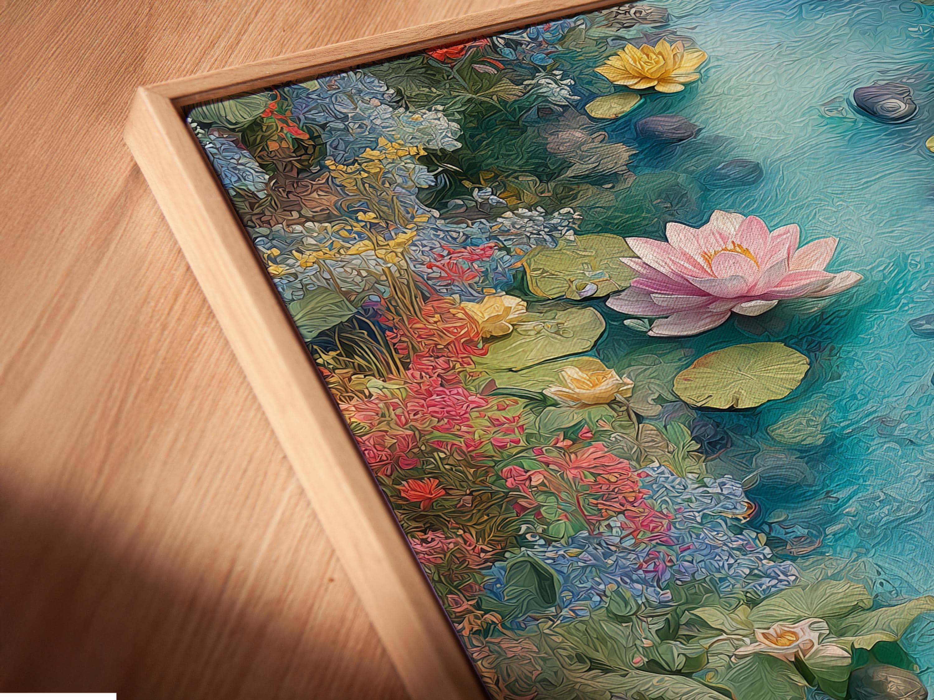 Lotus pond floral wall artwork mockup with teal water and pink blooms