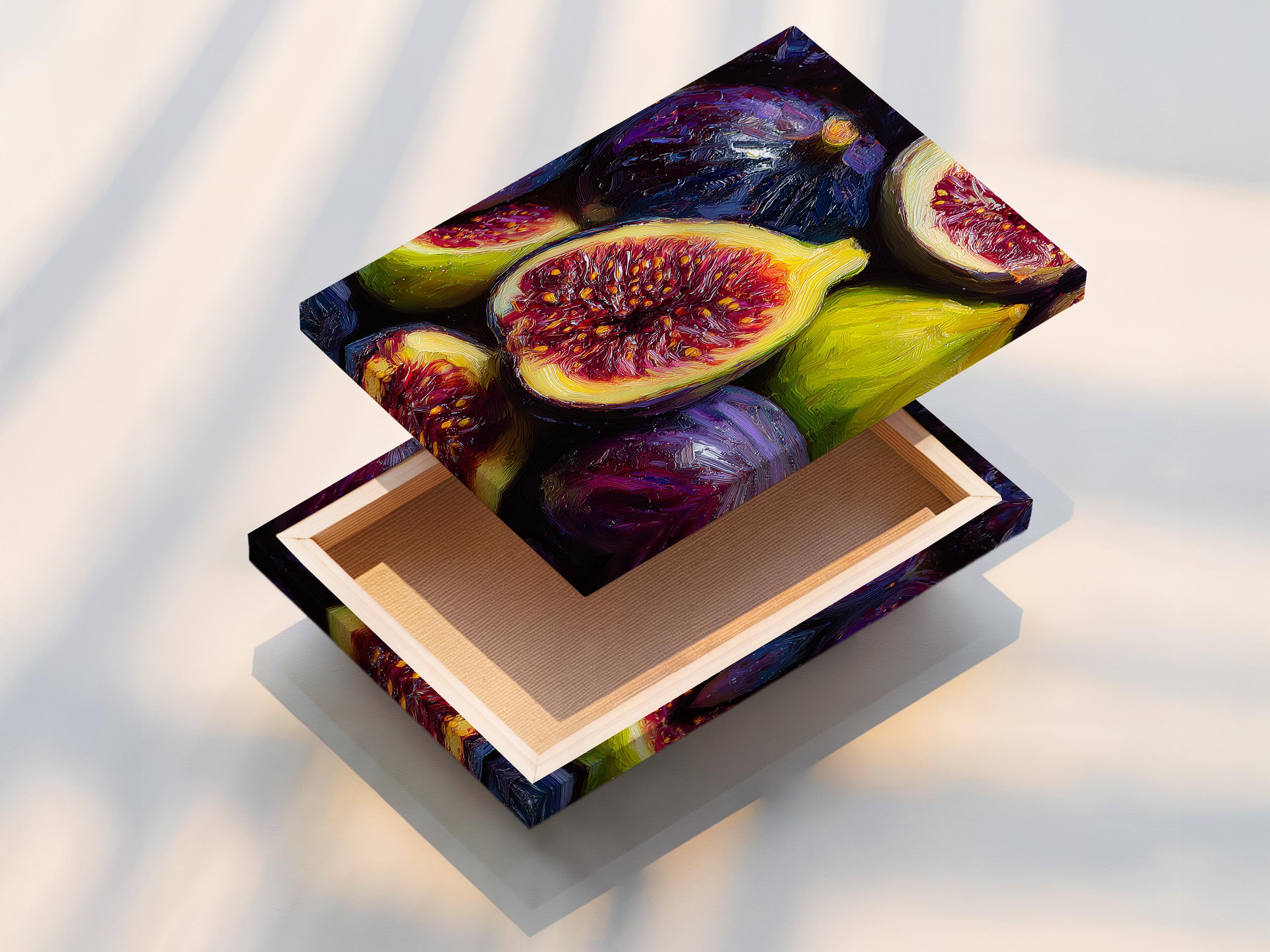 Framed purple, green and gold fig still life artwork shown in a room mockup, with stacked thumbnails at left