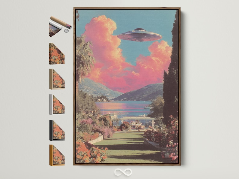 Retro sci-fi lake landscape with a hovering UFO above pink clouds