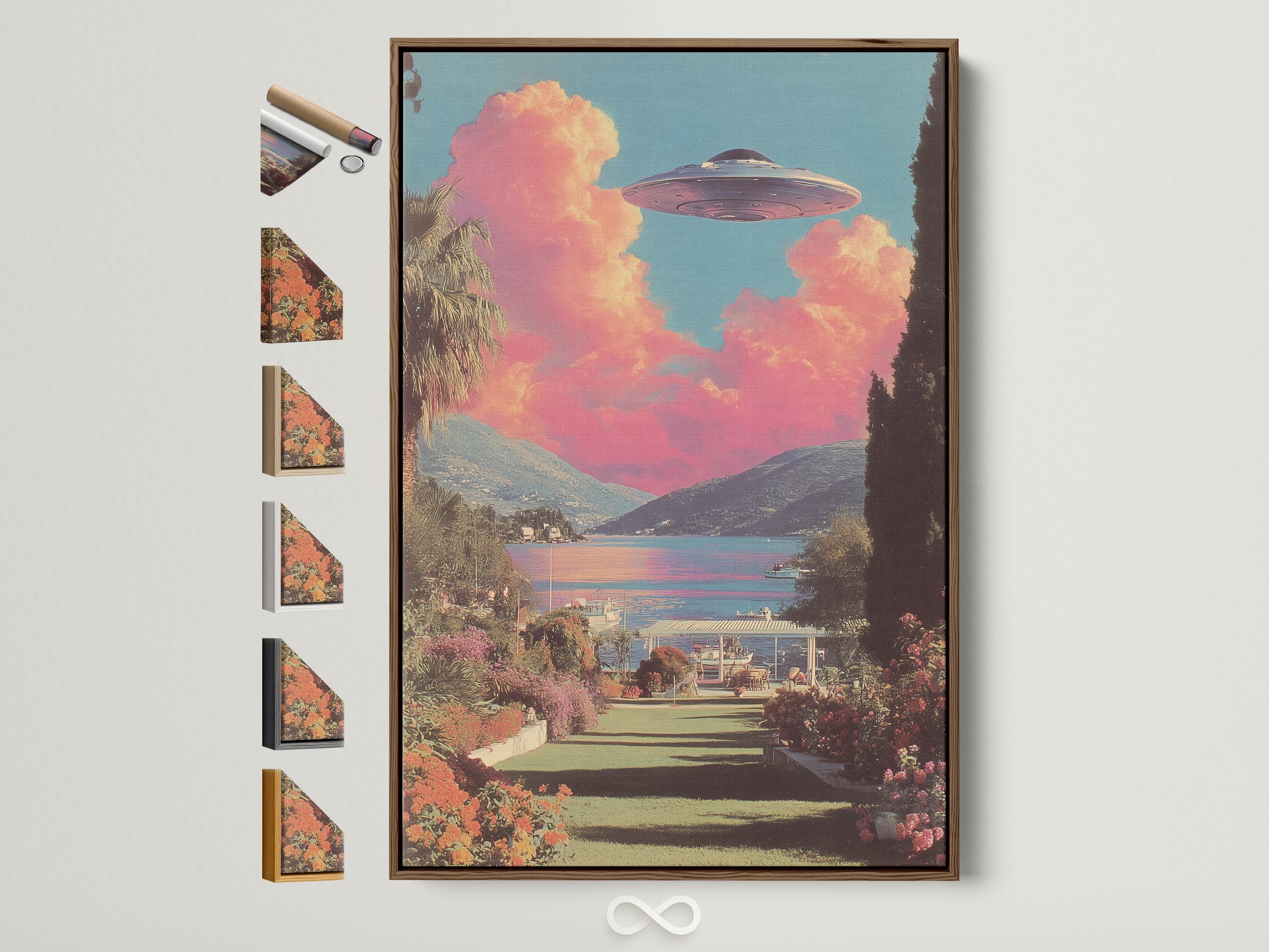 Retro sci-fi lake landscape with a hovering UFO above pink clouds