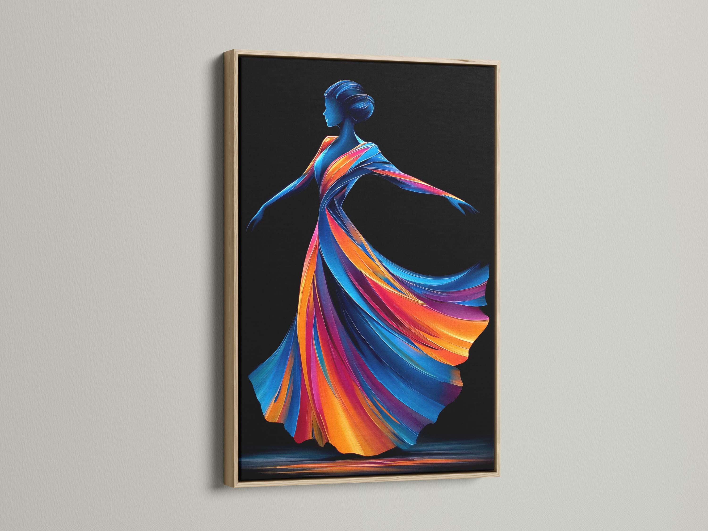 Wall mockup showing a framed abstract woman profile artwork with rainbow ribbon hair