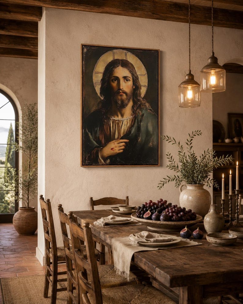 Jesus portrait with long dark hair and a glowing gold halo