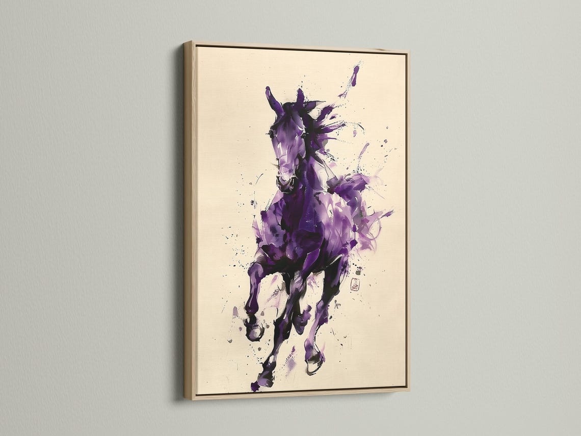 Abstract purple horse illustration with splatter marks on a cream background detail view