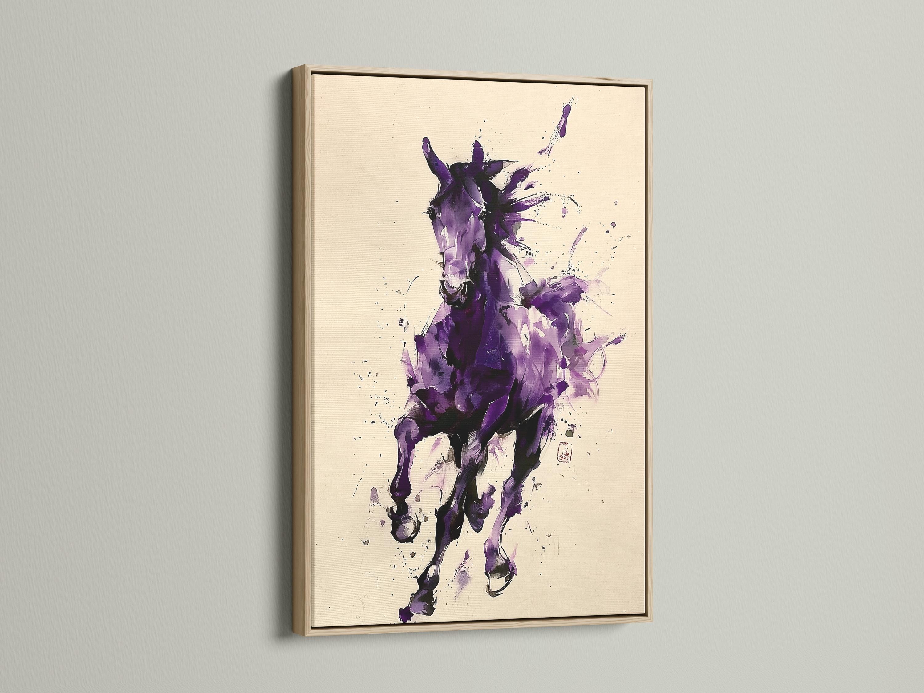 Abstract purple horse illustration with splatter marks on a cream background detail view