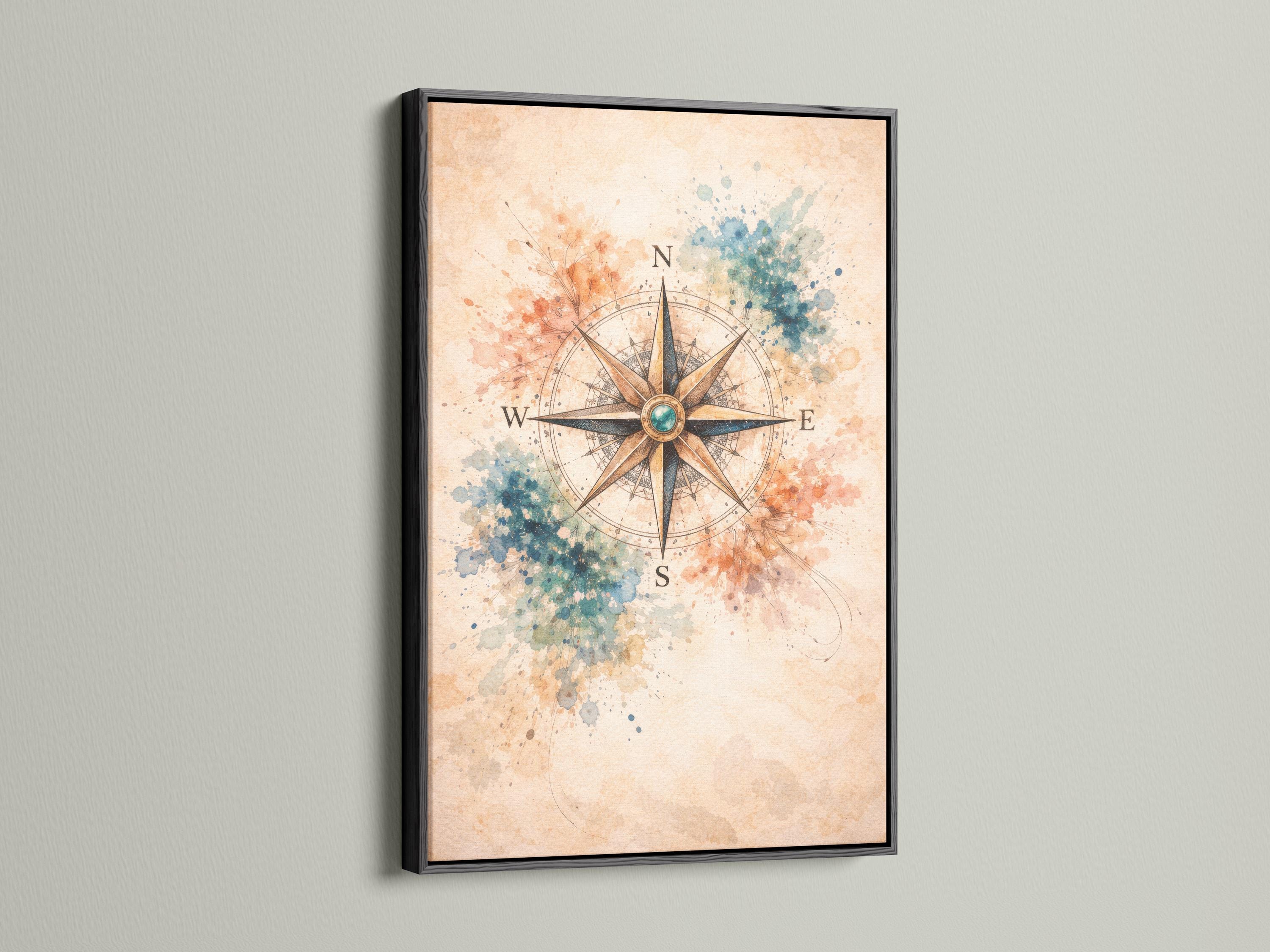 Compass rose with teal centre, directional tips and vintage map linework over cream background detail view