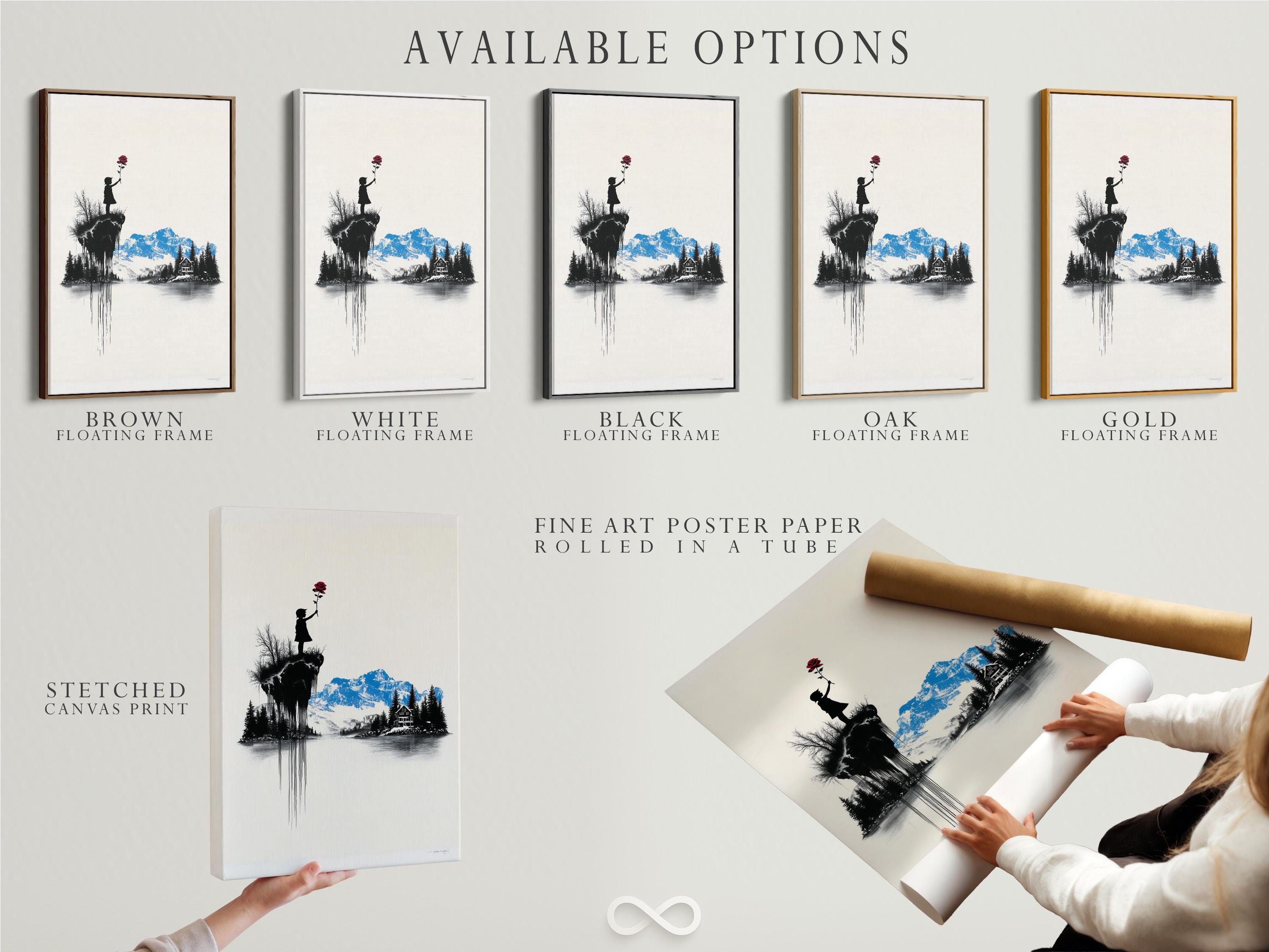 Room mockup showing a framed artwork of a monochrome mountain scene with a girl silhouette holding a red rose