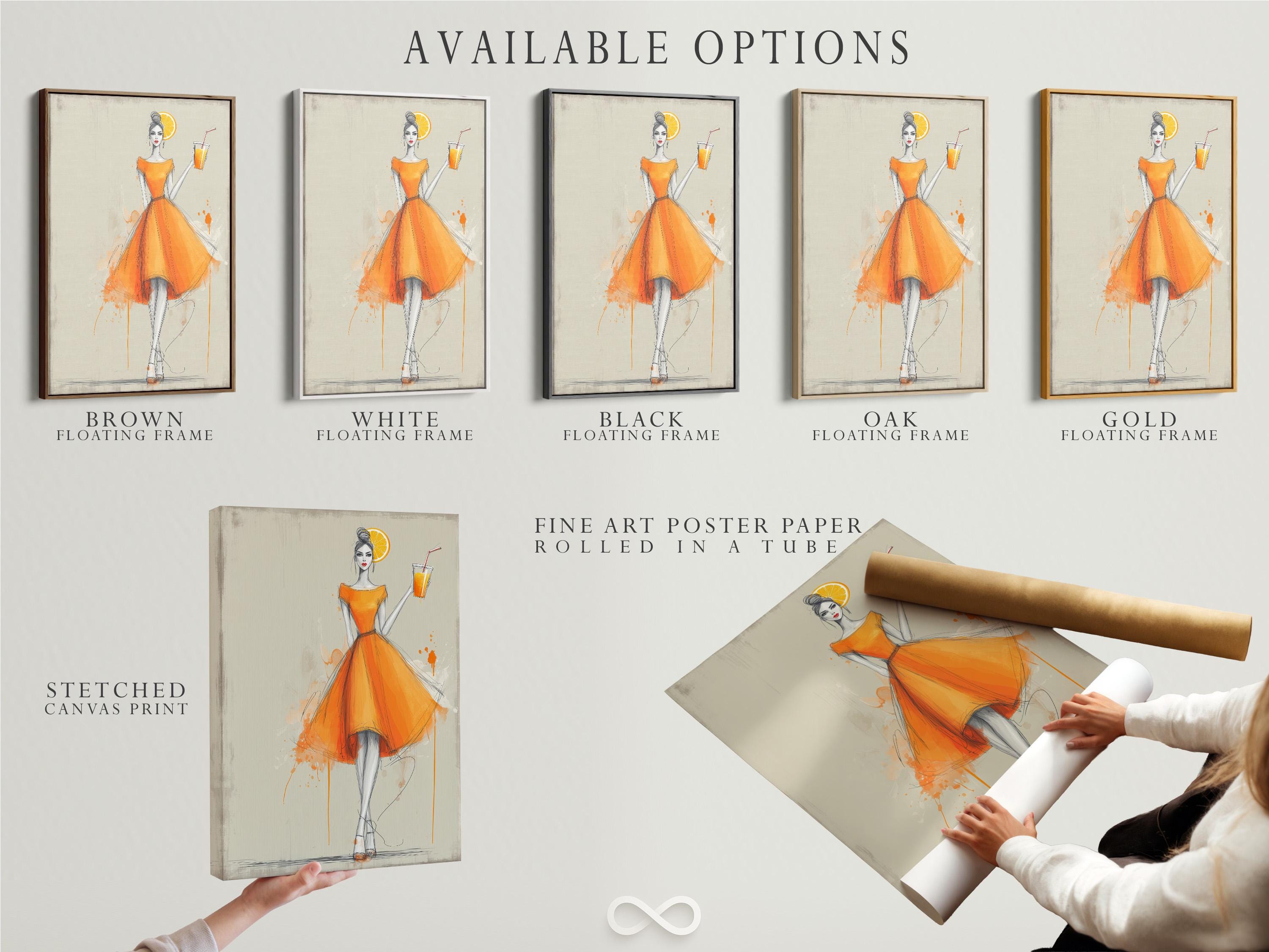 Stylised woman in an orange dress holding a drink with an orange slice against a pale background detail view