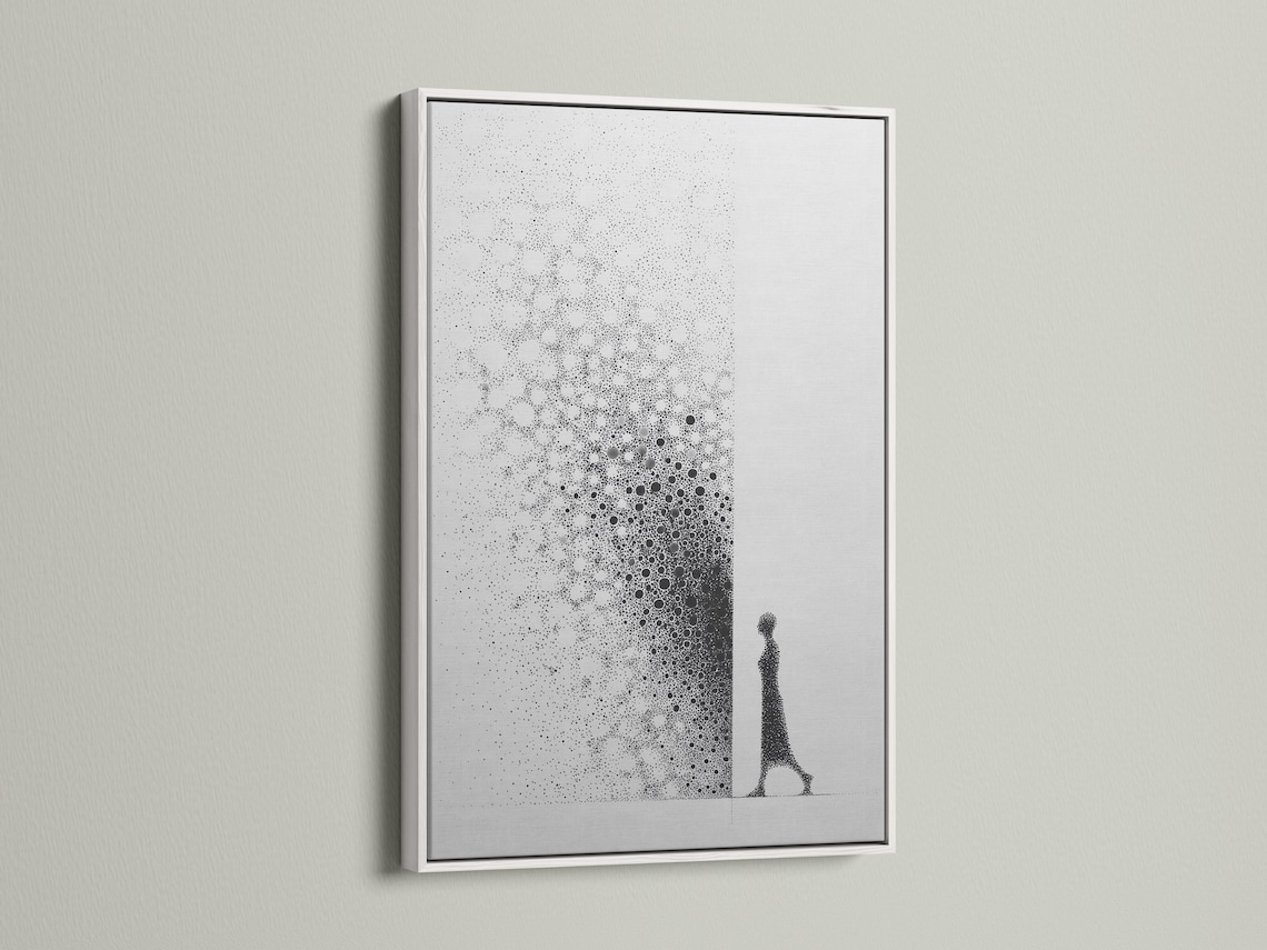 Monochrome abstract artwork with speckled dot clusters and an elongated figure silhouette detail view