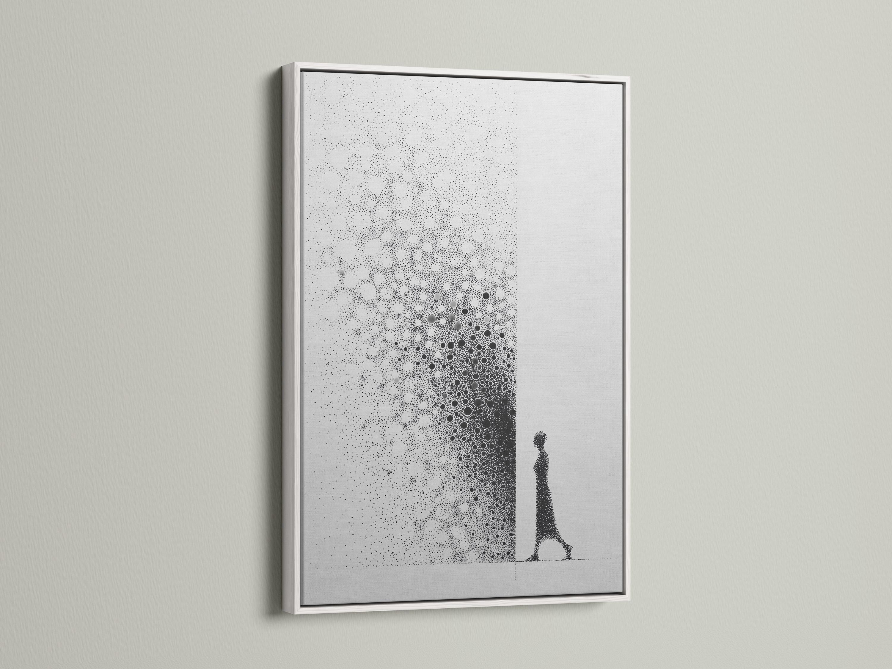 Monochrome abstract artwork with speckled dot clusters and an elongated figure silhouette detail view