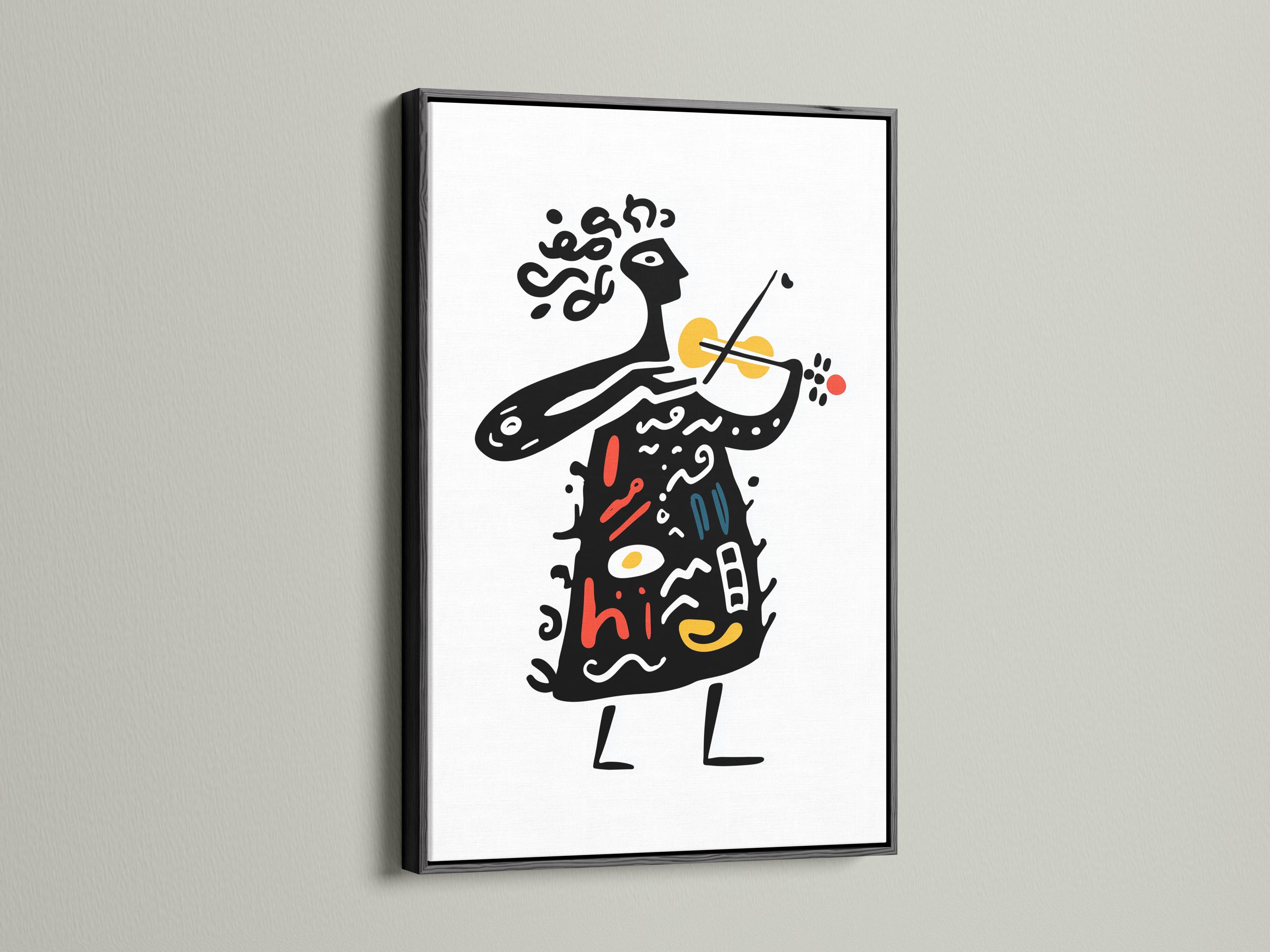 Room mockup showing a framed abstract musician illustration with trumpet, red and yellow accents on a white background