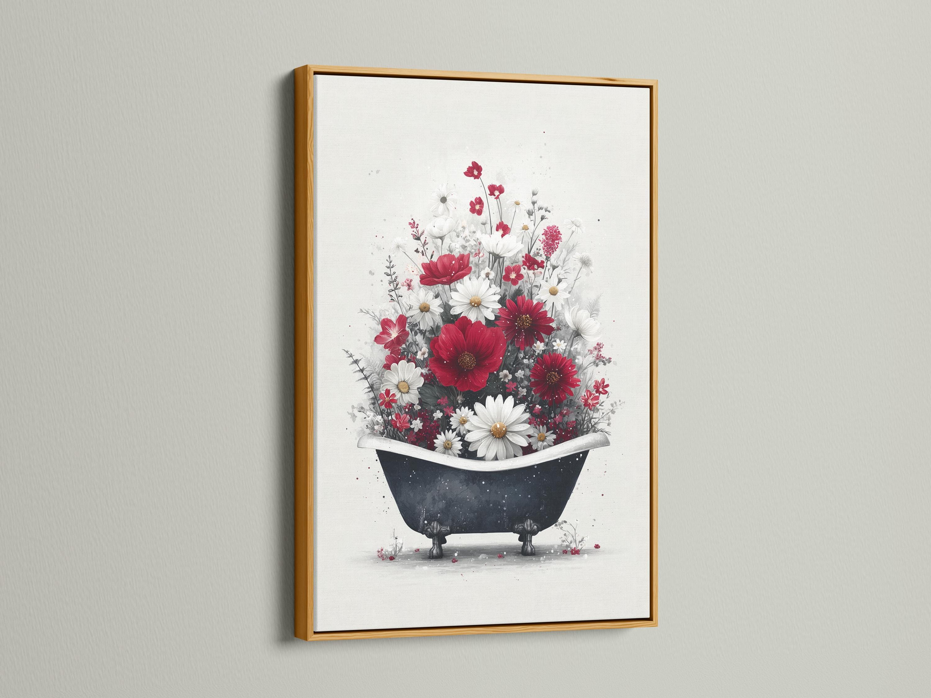 Vintage floral bathtub illustration with red and white flowers filling a dark bathtub detail view