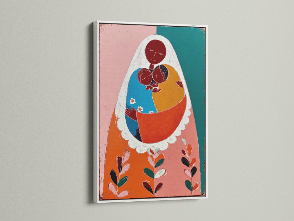 Framed mother and child portrait artwork in pink and teal colours in a mockup scene