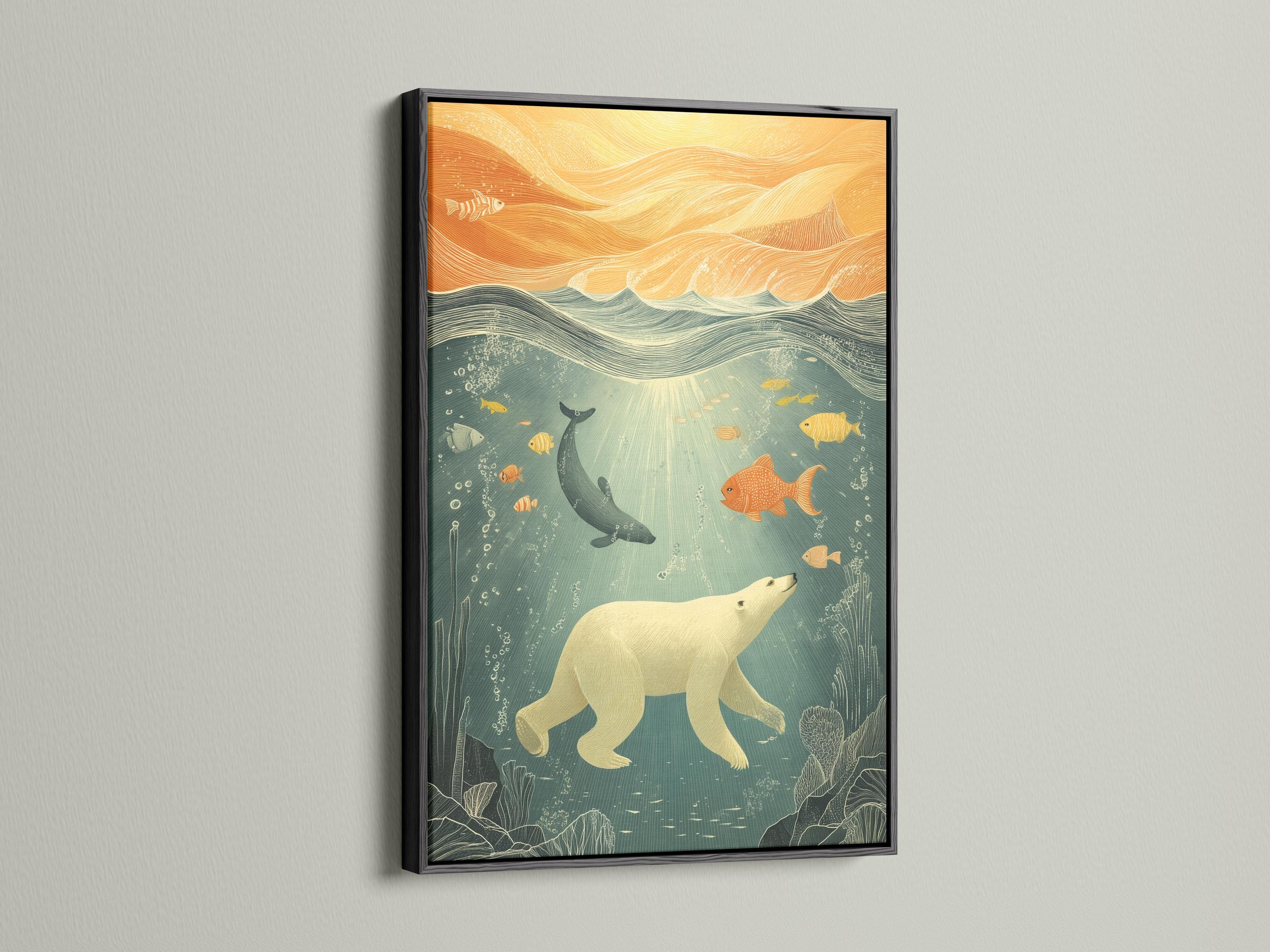 Underwater scene with a polar bear, fish and a whale in seafoam teal and warm gold waves detail view